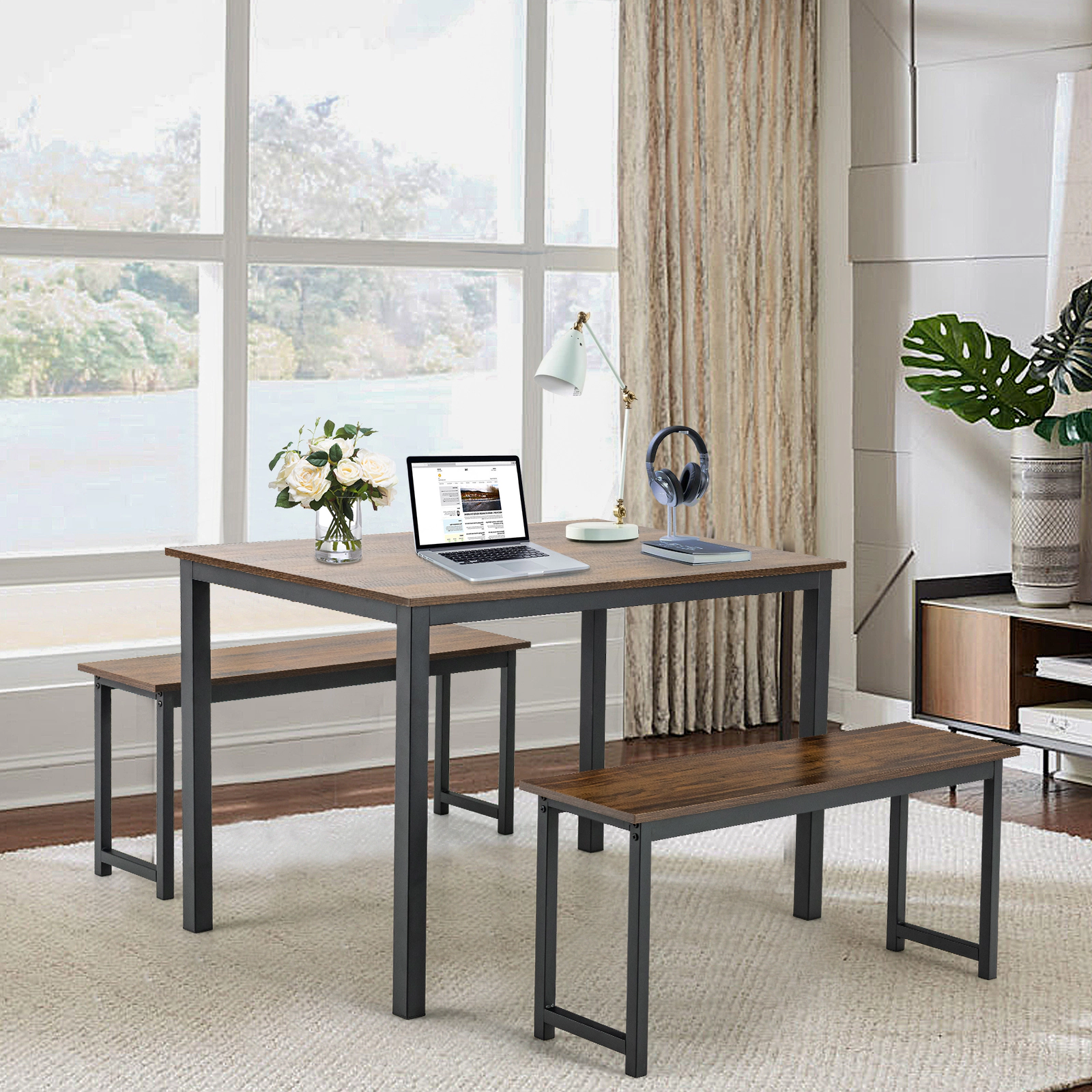 SUGIFT 3-Piece Dining Table Set with 2 Benches 210-lb Table 330-lb Benches 43-in Rectangular Top Brown/Natural