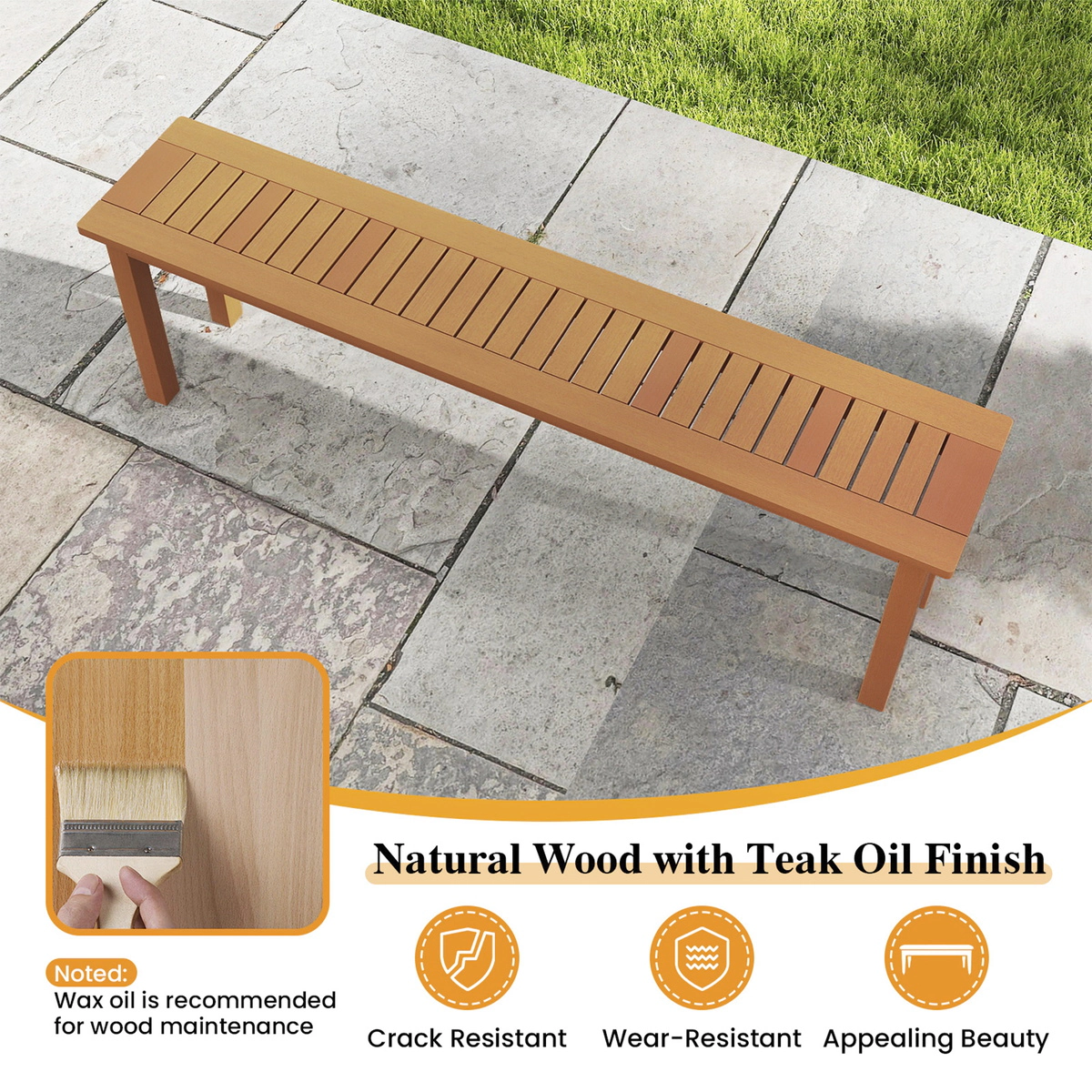 SUGIFT 59-Inch Natural Wood Backless Dining Bench, 330-Lb Capacity, Slatted Seat