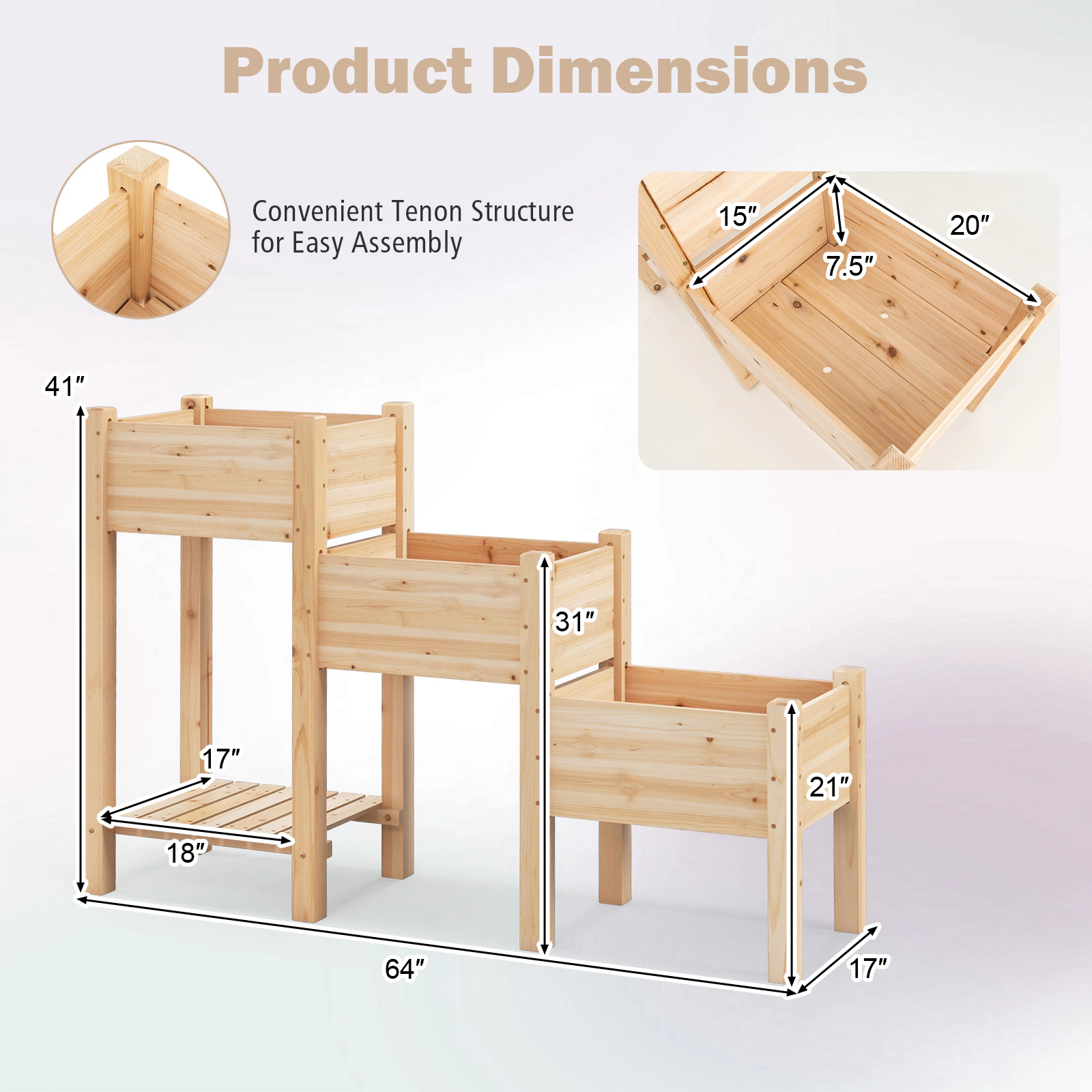 SUGIFT 3-Tier Natural Wood Raised Garden Bed with Open Storage Shelf 64-in W 17-in D 41-in H 66-lb Per Box