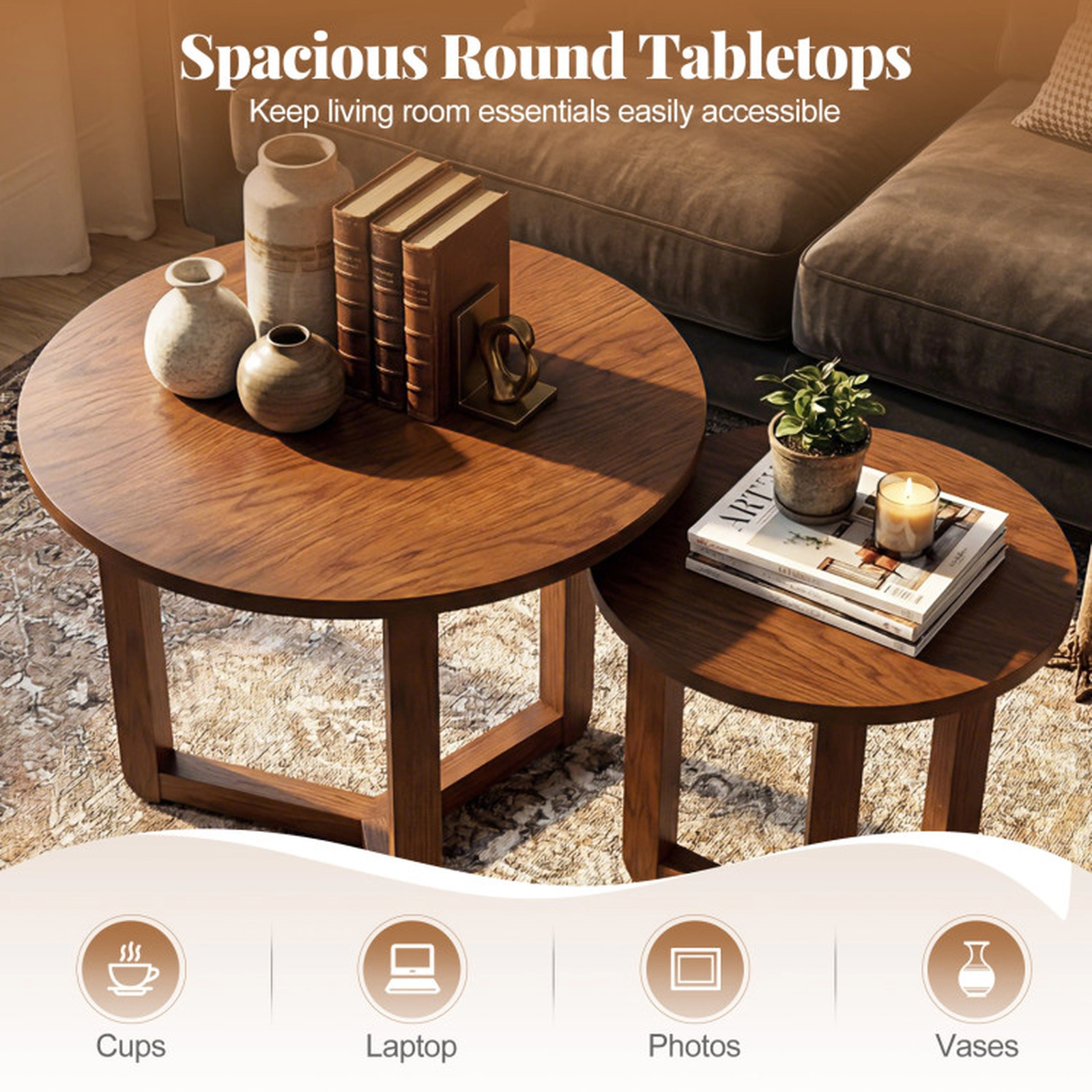 SUGIFT Round Nesting Coffee Table Set of 2 Wood End Tables with Thickened Top 176-lb and 132-lb Capacity Natural/Walnut