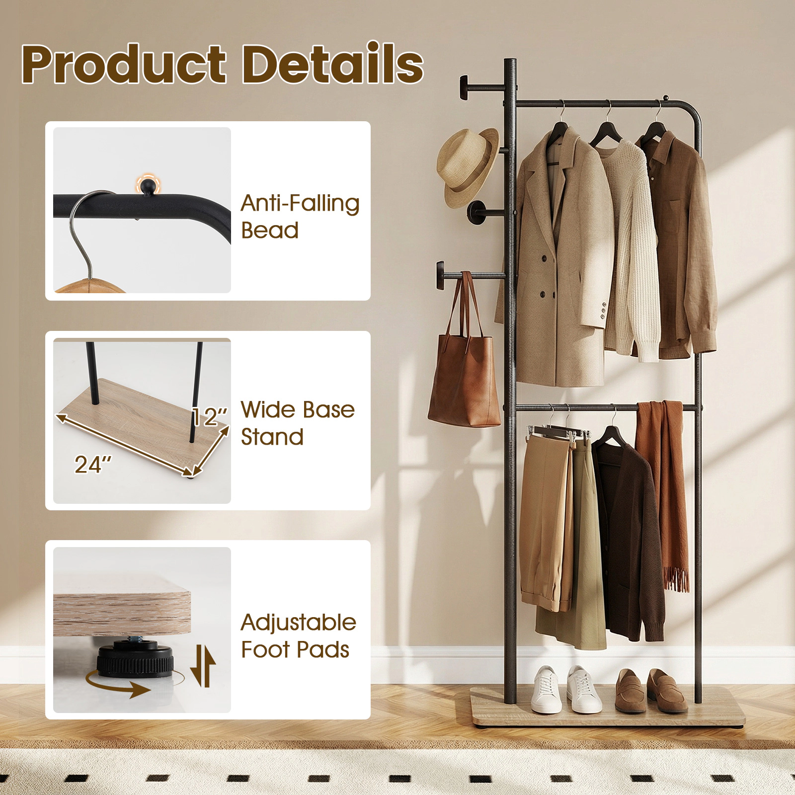 SUGIFT 66-in 110-lb Capacity Double Rod Clothes Rack with 4 Rubber Wood Hooks and Wooden Bottom Shelf