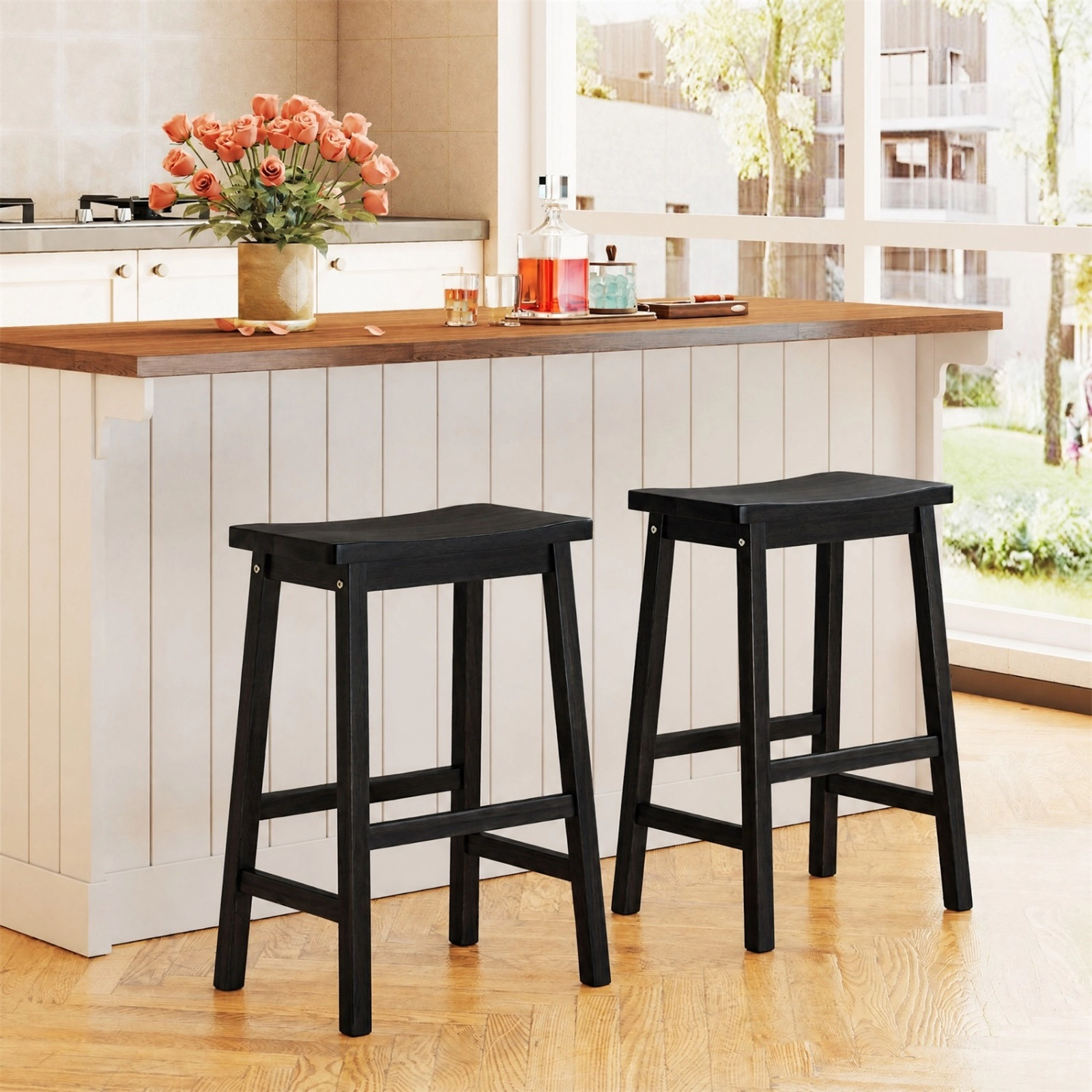 SUGIFT Set of 2 Black 24-in Backless Counter Height Stools with Wood Saddle Seats