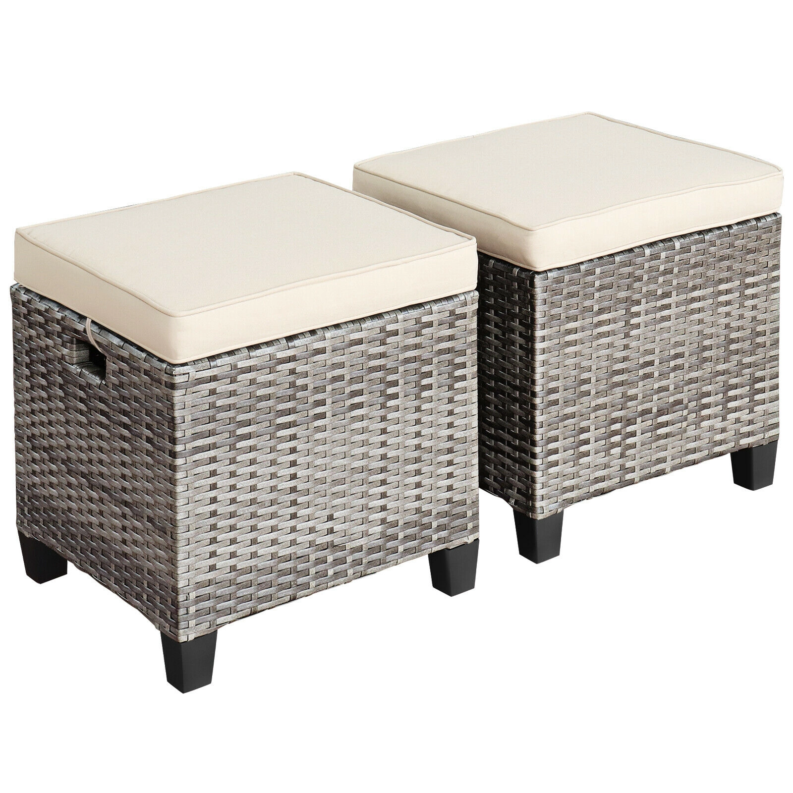 LJG 2 Pieces Patio Rattan Ottoman Seat with Removable Cushions