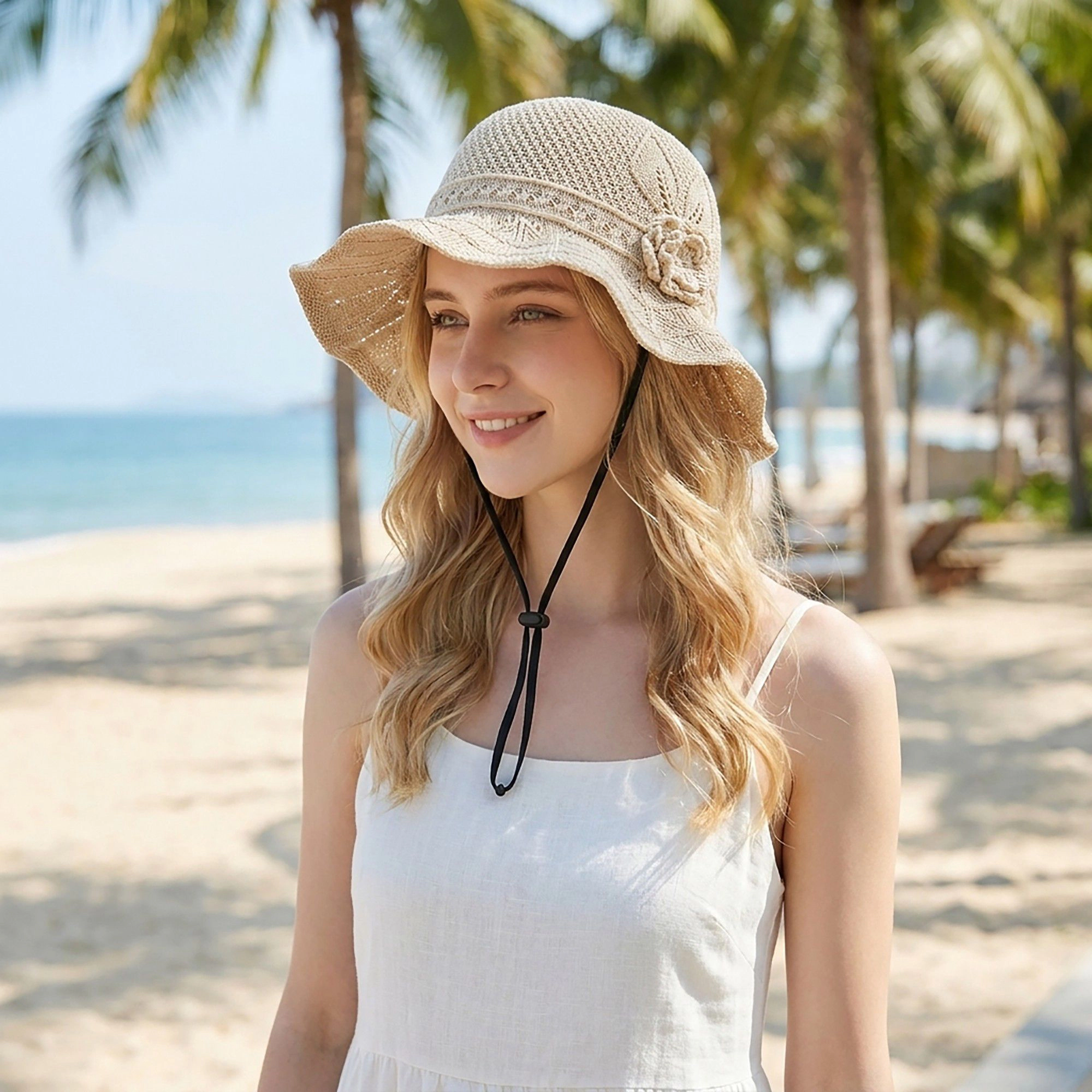Anna-Kaci Women's Crochet Wide Brim Sun Hat with Floral Accent Scalloped Edge and Chin Strap - MauvePink