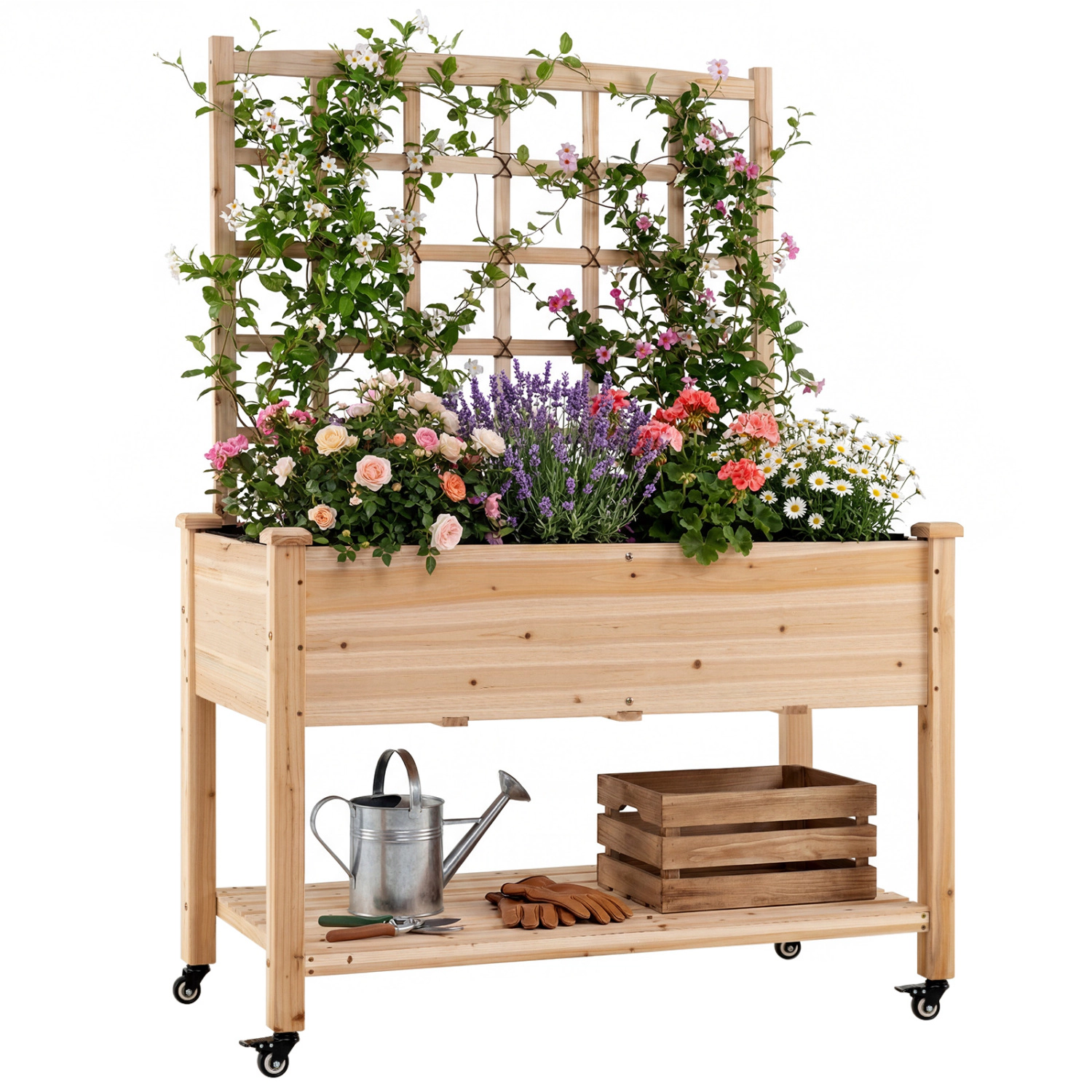 LJG Wooden Mobile Raised Garden Bed on Wheels with Trellis