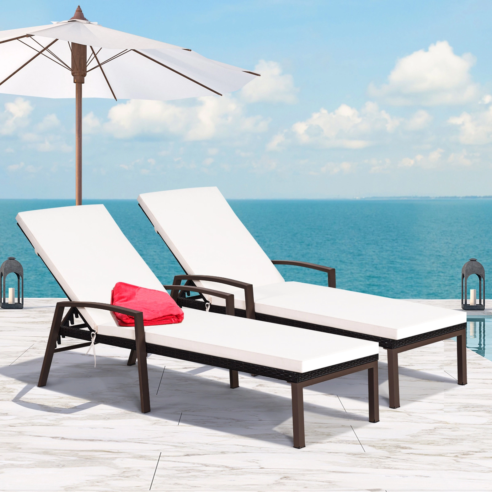 SUGIFT 2-Piece Patio Rattan Reclining Chaise Lounge Chair Set with Cushion & Armrest 400-lb Capacity Turquoise & White