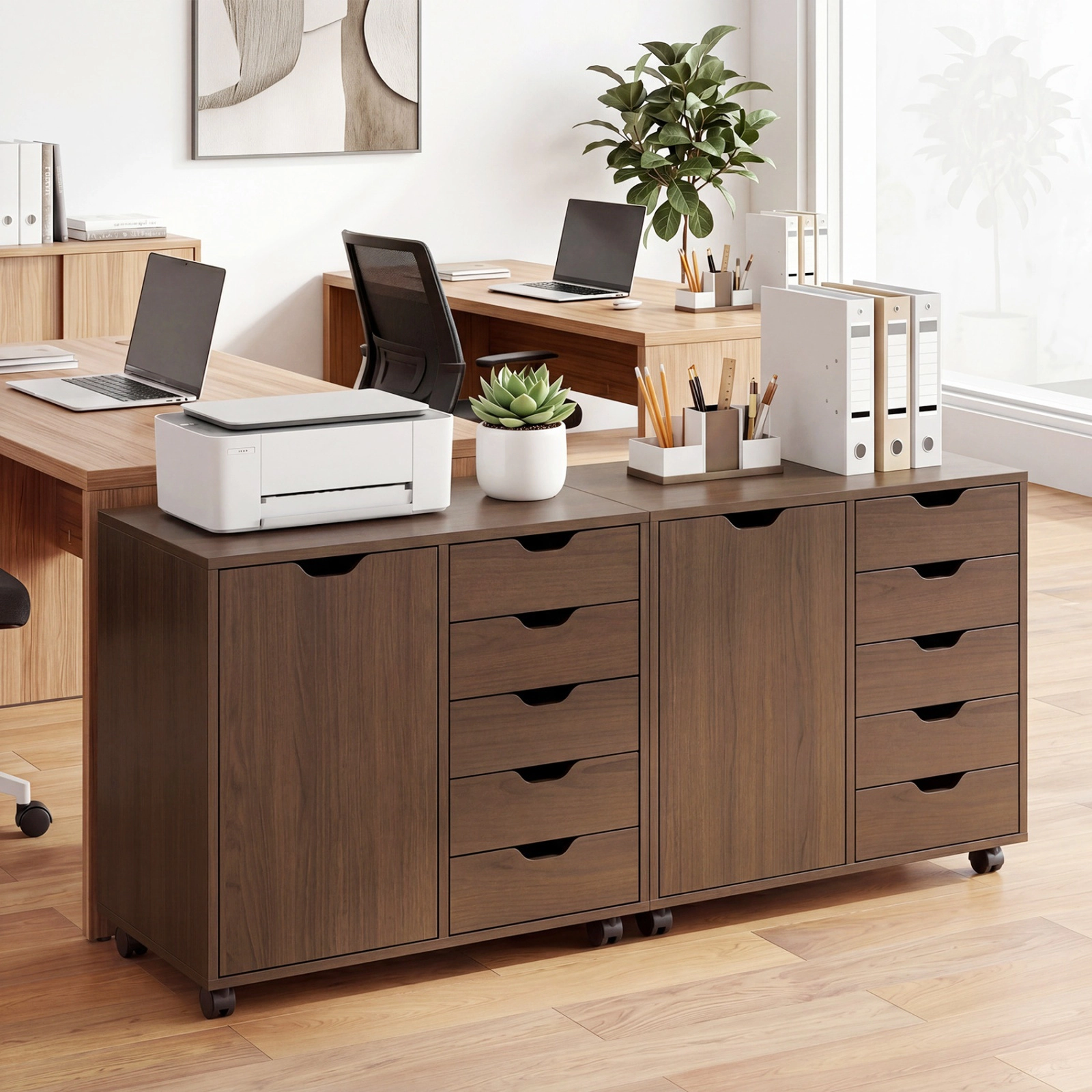 SUGIFT 5-Drawer Engineered Wood Storage Cabinet on Wheels with Adjustable Shelf 31 x 16 x 26 in Frame Brown