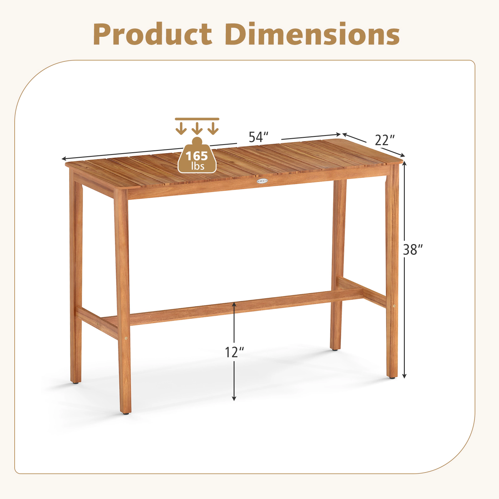 LJG Acacia Wood Counter Height Table with Slatted Tabletop and Footrest Crossbar