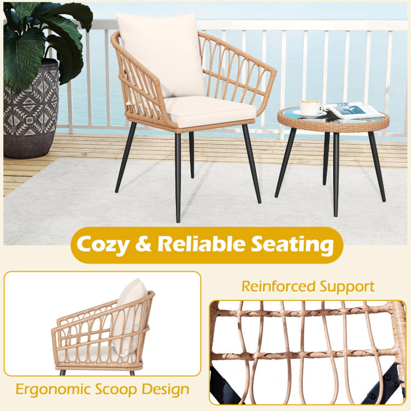 SUGIFT 3 Piece PE Rattan Patio Bistro Conversation Set Tempered Glass Coffee Table 110-lb Table 330-lb Chairs Natural