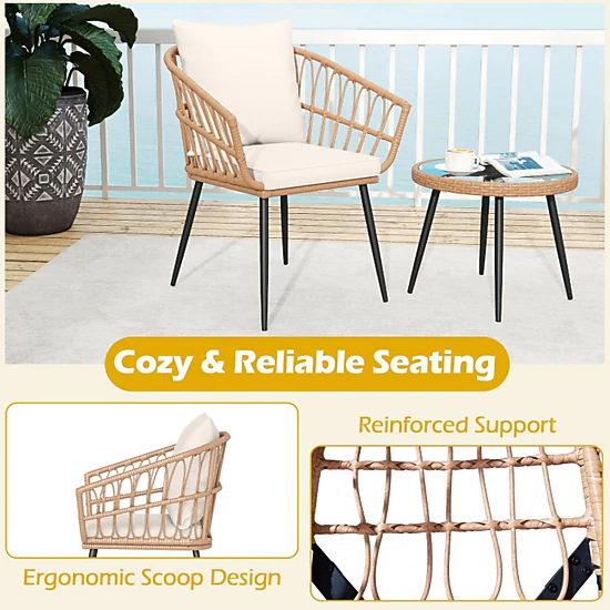 SUGIFT 3 Piece PE Rattan Patio Bistro Conversation Set Tempered Glass Coffee Table 110-lb Table 330-lb Chairs Natural