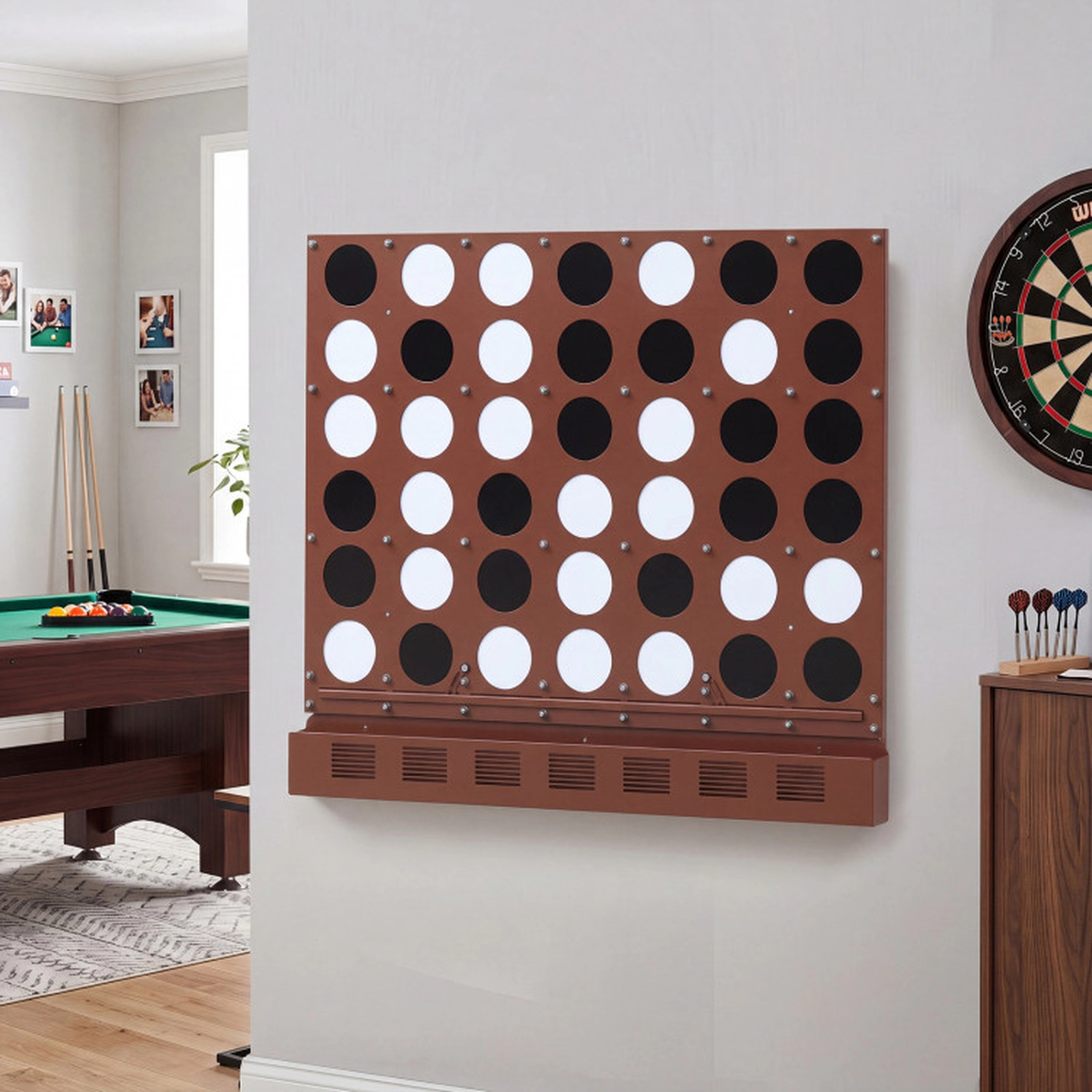 SUGIFT Walnut Jumbo 4-in-a-Row Wall Mounted Game with Acrylic Discs and Metal Frame 40.5-in W 1.5-in D 34.5-in H