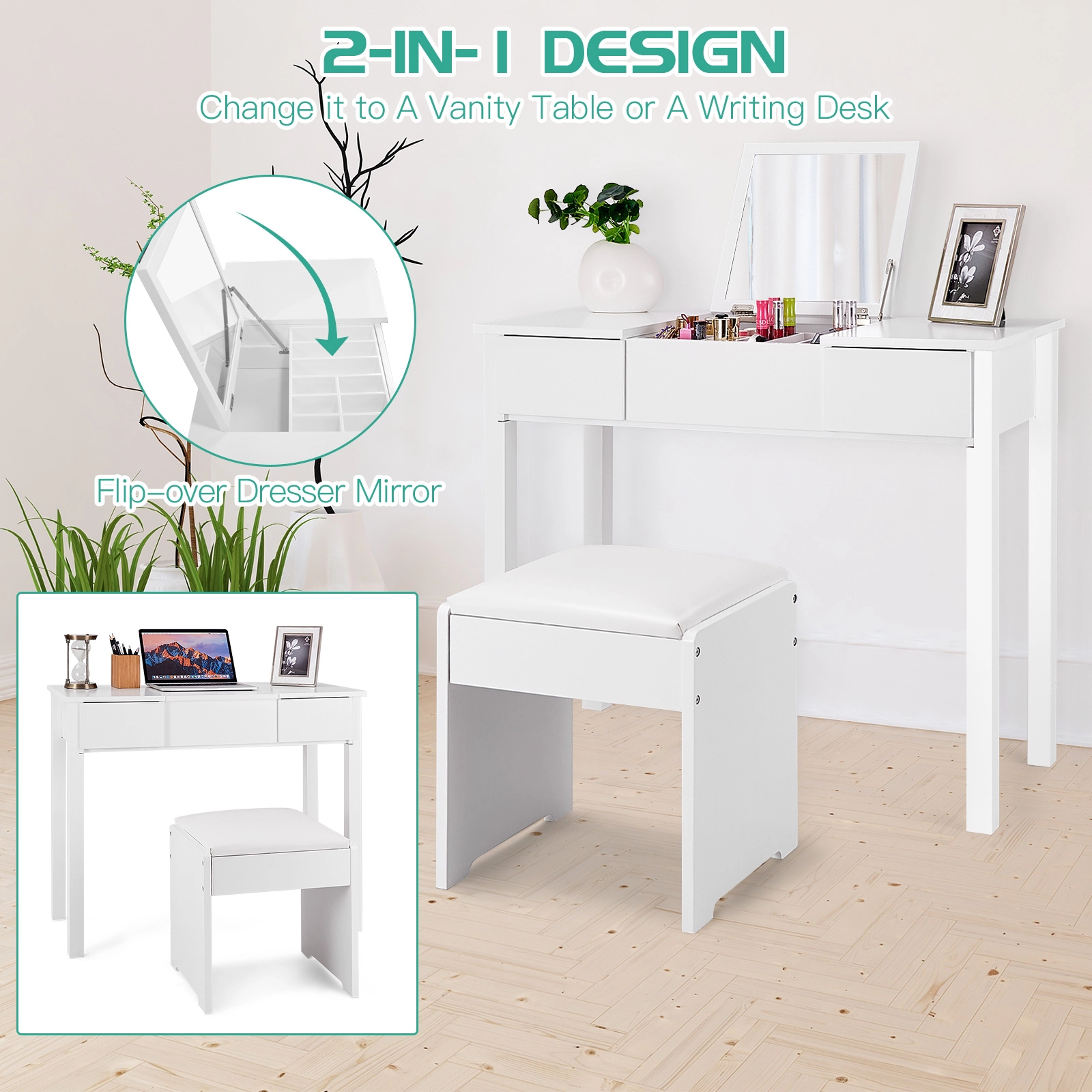 SUGIFT 35.4-in White Flip Top Vanity Makeup Dressing Table Set with Hidden Storage and Cushioned Stool
