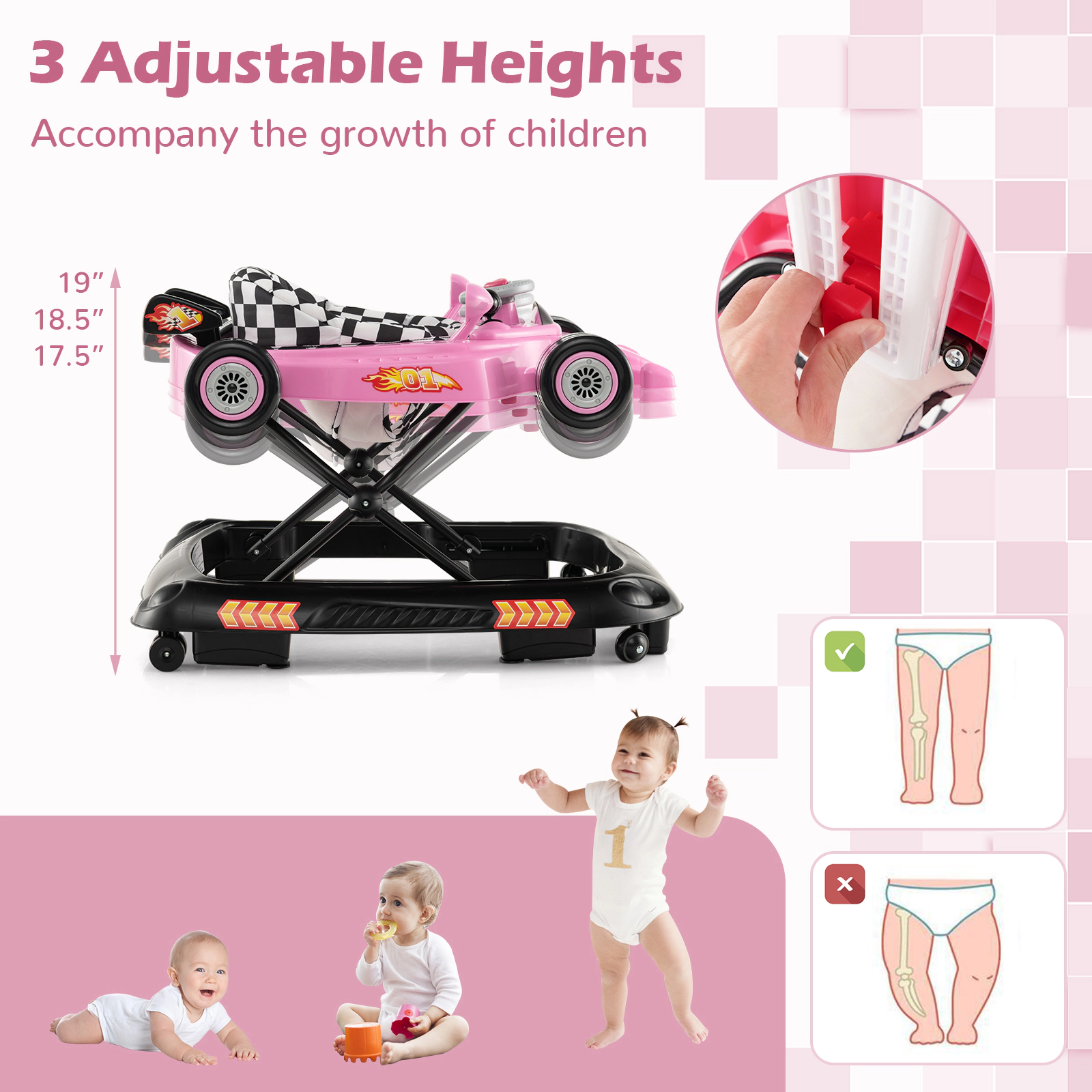 Convertible Baby Walker and Activity Center with 3 Height Settings Racing Car Music Plate and Damping Wheels Pink