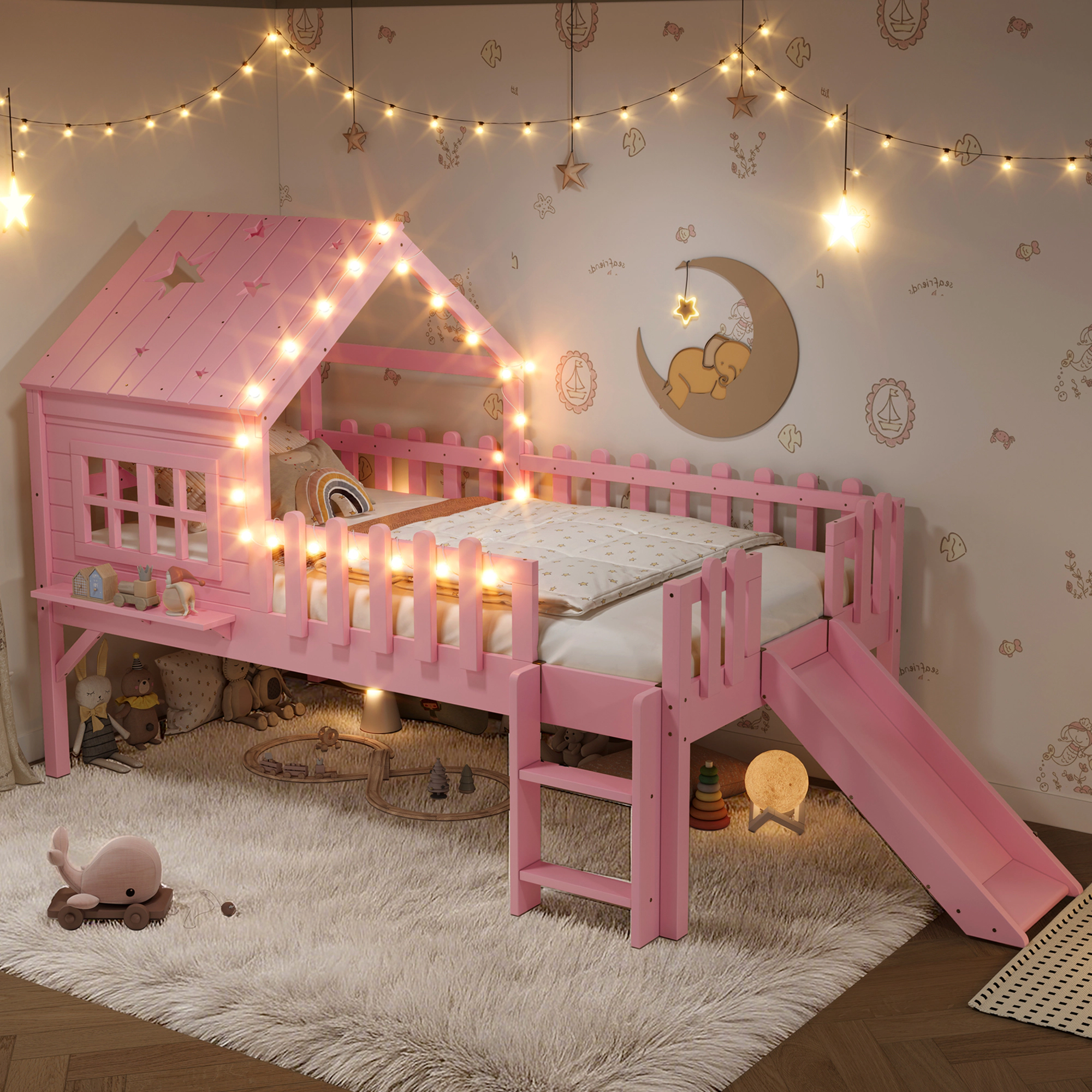 Flynama Twin House Loft Bed with Slide, LED Lights & Window, Pink Kids Playhouse