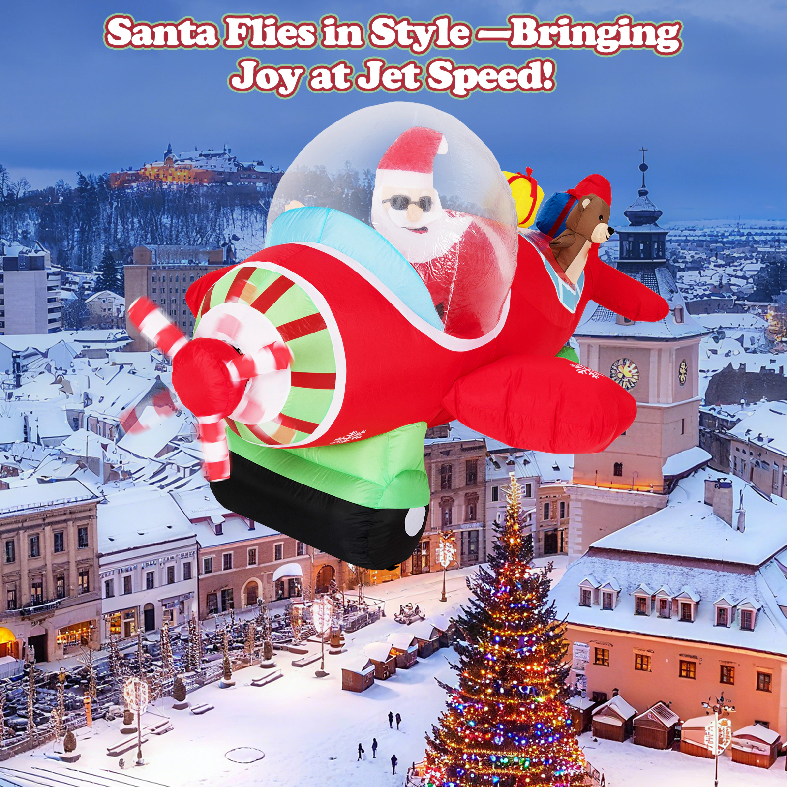 SUGIFT 7.2 Feet Christmas Inflatable Airplane with Gift Boxes and Spinning Propeller
