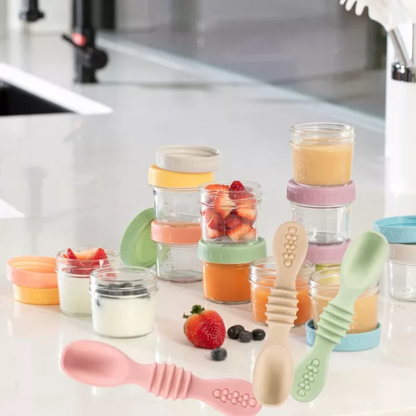 Sperric 12-Pack Glass Baby Food Storage Jars w/ Lids, 6-Pack Silicone Baby Self-Feeding Spoons – BPA-Free Leakproof Jars