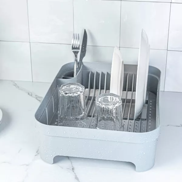 OU Dish Drying Rack for Kitchen Counter, Freestanding Plastic Strainer with Utensil Holder, Compact Drain