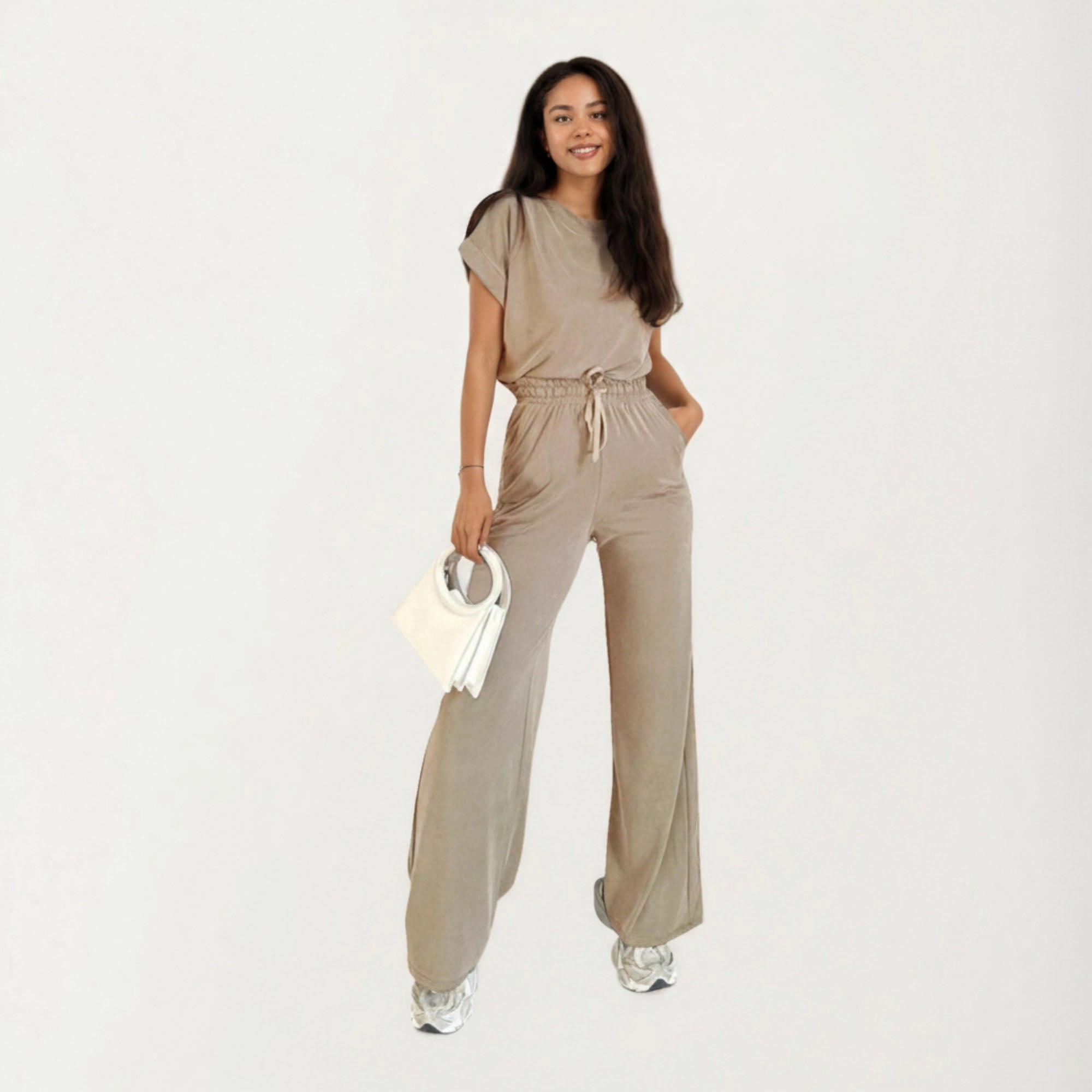 Anna-Kaci Womens Short Sleeve Two-Piece Lounge Set - Wide Leg Drawstring Pants