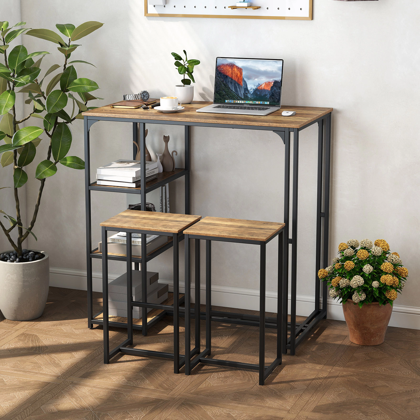SUGIFT 3-Piece Bar-Height Dining Table Set 2 Stools 220-/330-lb Capacity 44-in Table with Storage Shelves Coffee+Black