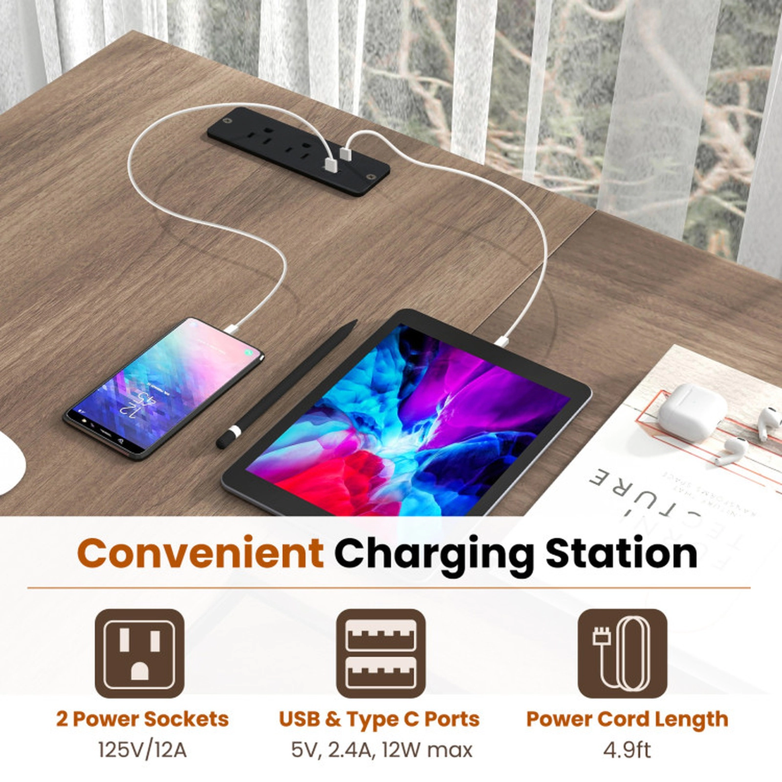 SUGIFT 330-lb Capacity Grey Wash Reversible L-Shaped Computer Desk with Charging Station and Mesh Shelves