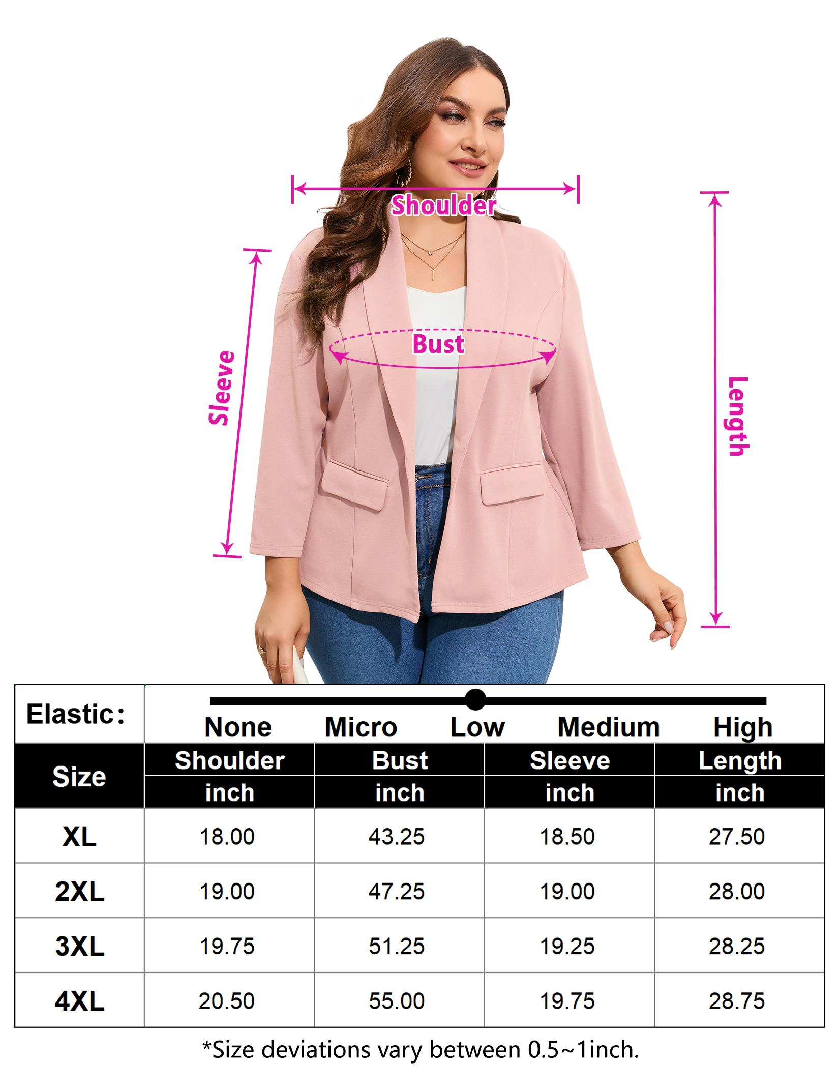 KOJOOIN Women's Plus Blazer Single Button 3/4 Sleeves Open Front Jacket Coat with Pockets