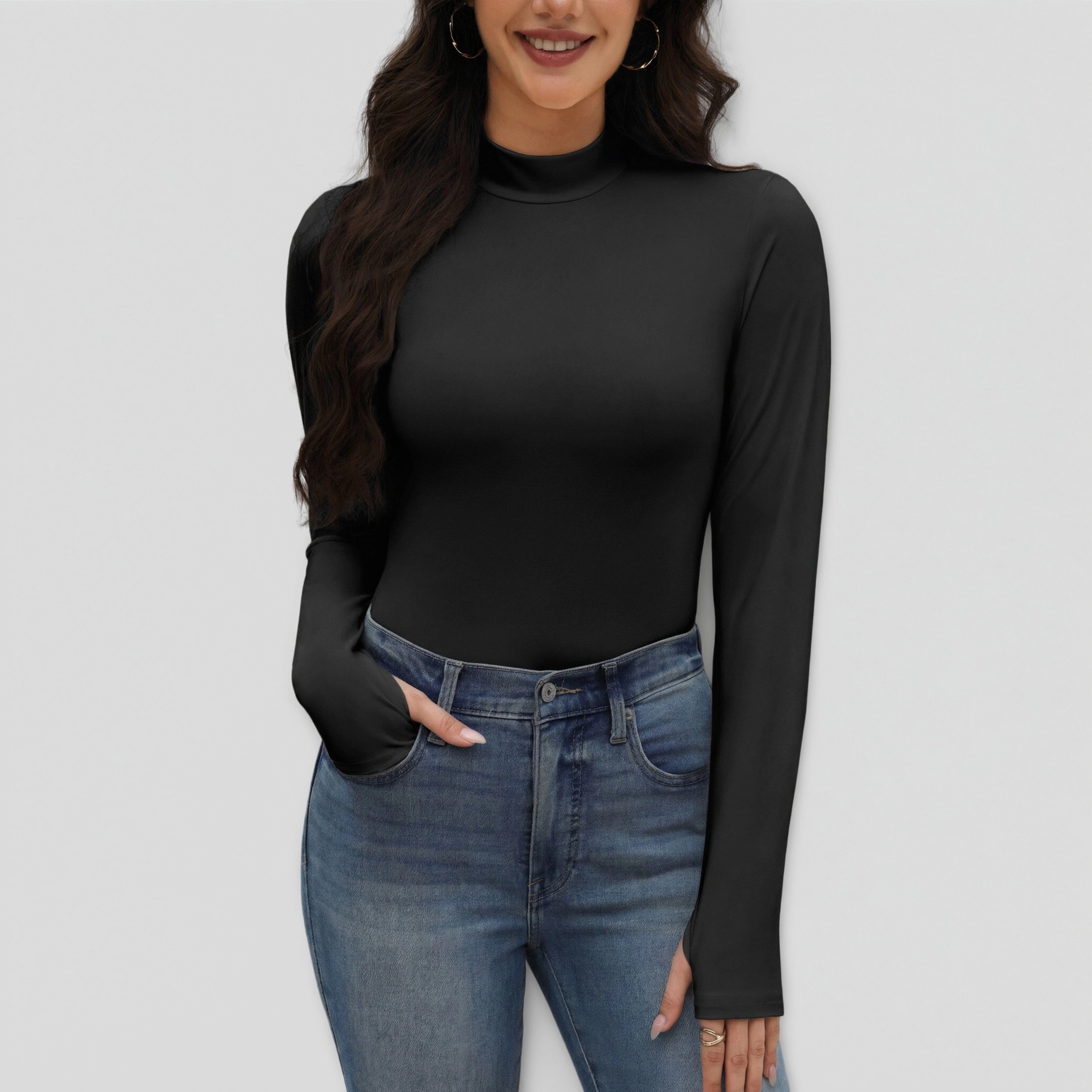 Ekouaer Women's Mock Neck Long Sleeve Thermal Base Layer Top with Thumbholes