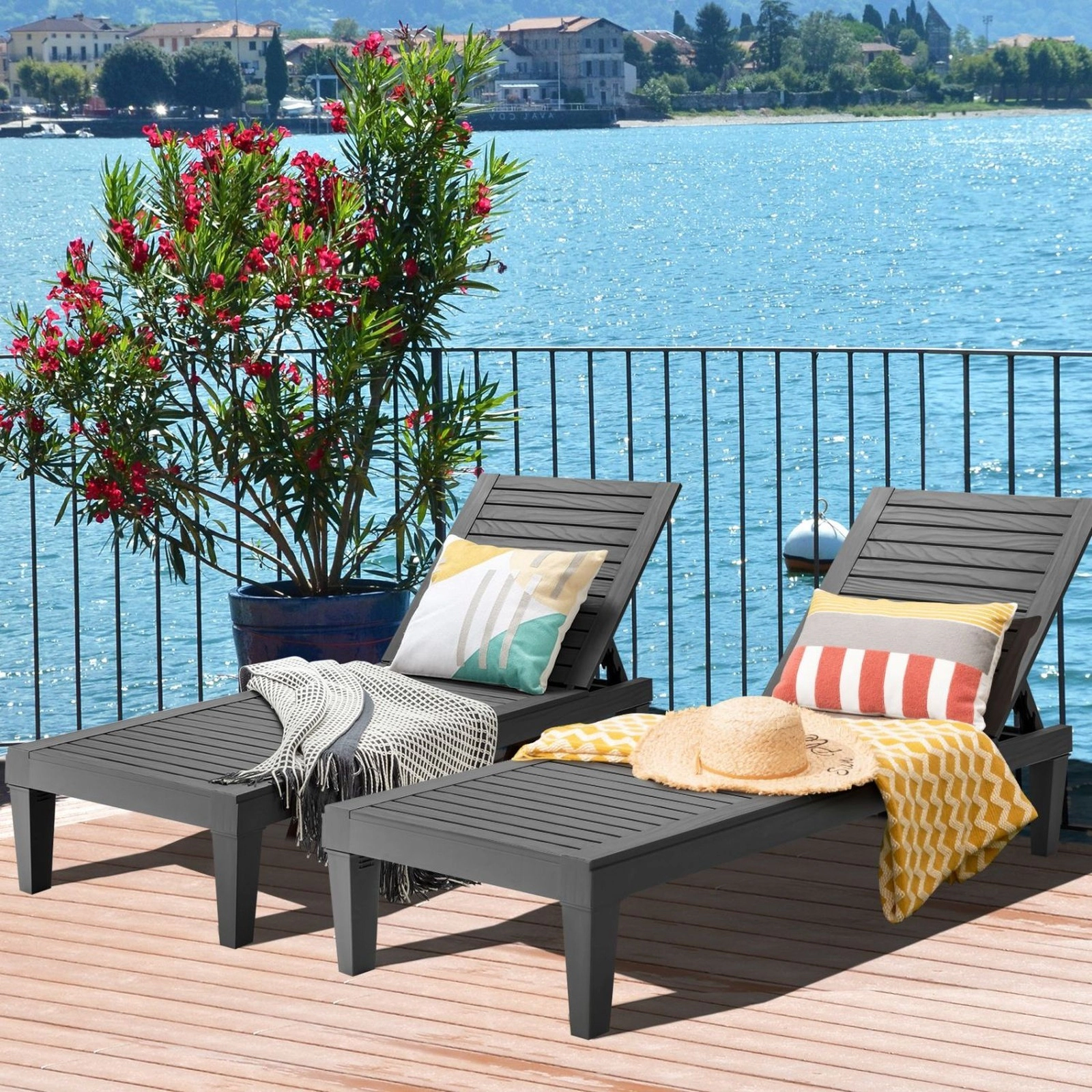 SUGIFT Set of 2 Outdoor Chaise Lounge Chairs, 5-Position Adjustable Backrest, 400 lb Capacity, Black