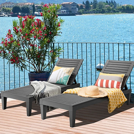 SUGIFT Set of 2 Outdoor Chaise Lounge Chairs, 5-Position Adjustable Backrest, 400 lb Capacity, Black