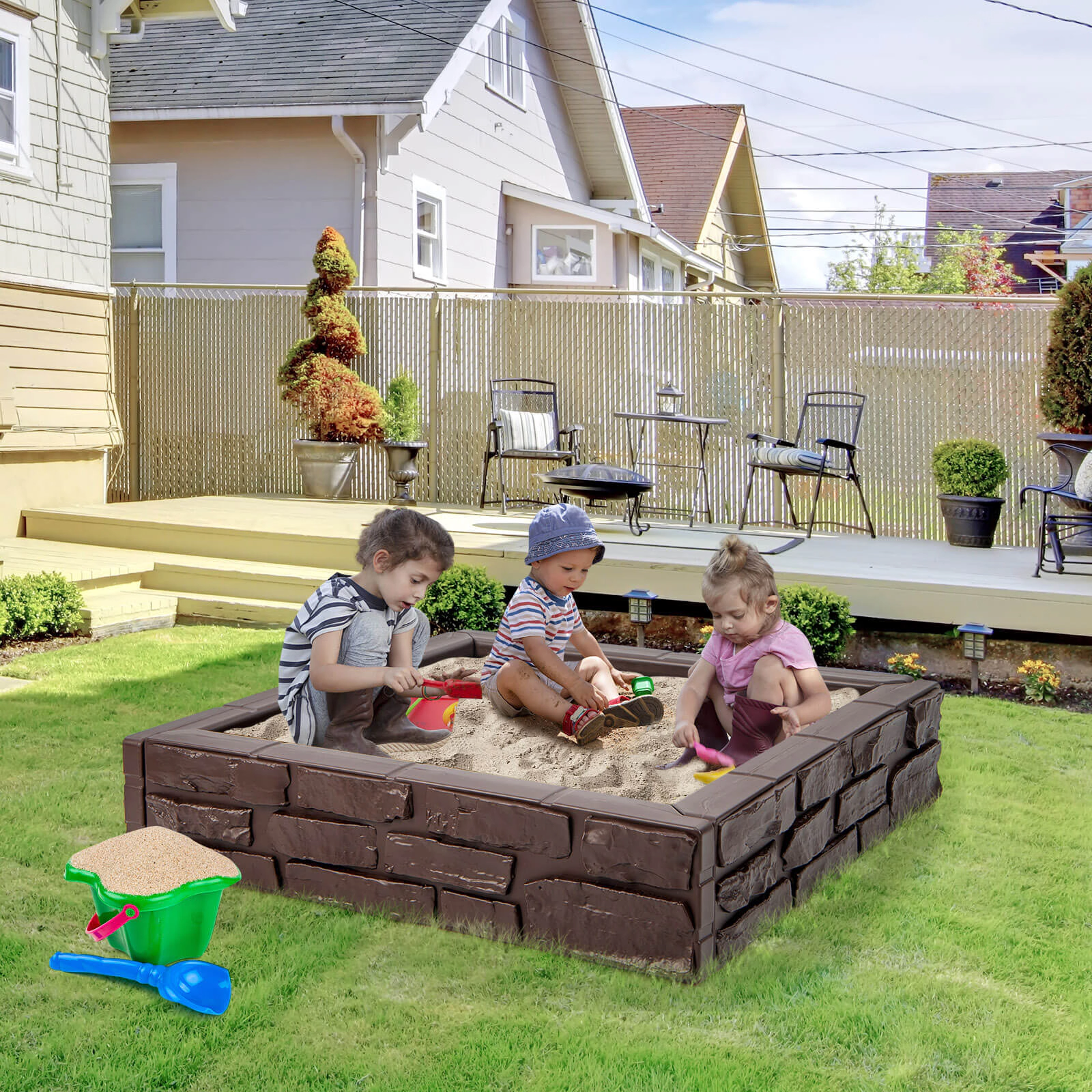 LJG 2-In-1 HDPE Kids Sandbox with Cover and Bottom Liner