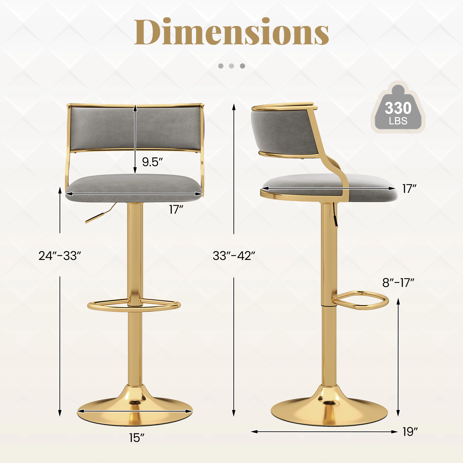 SUGIFT Gold Frame Height Adjustable Set of 2 Gray Dutch Velvet Swivel Bar Stools