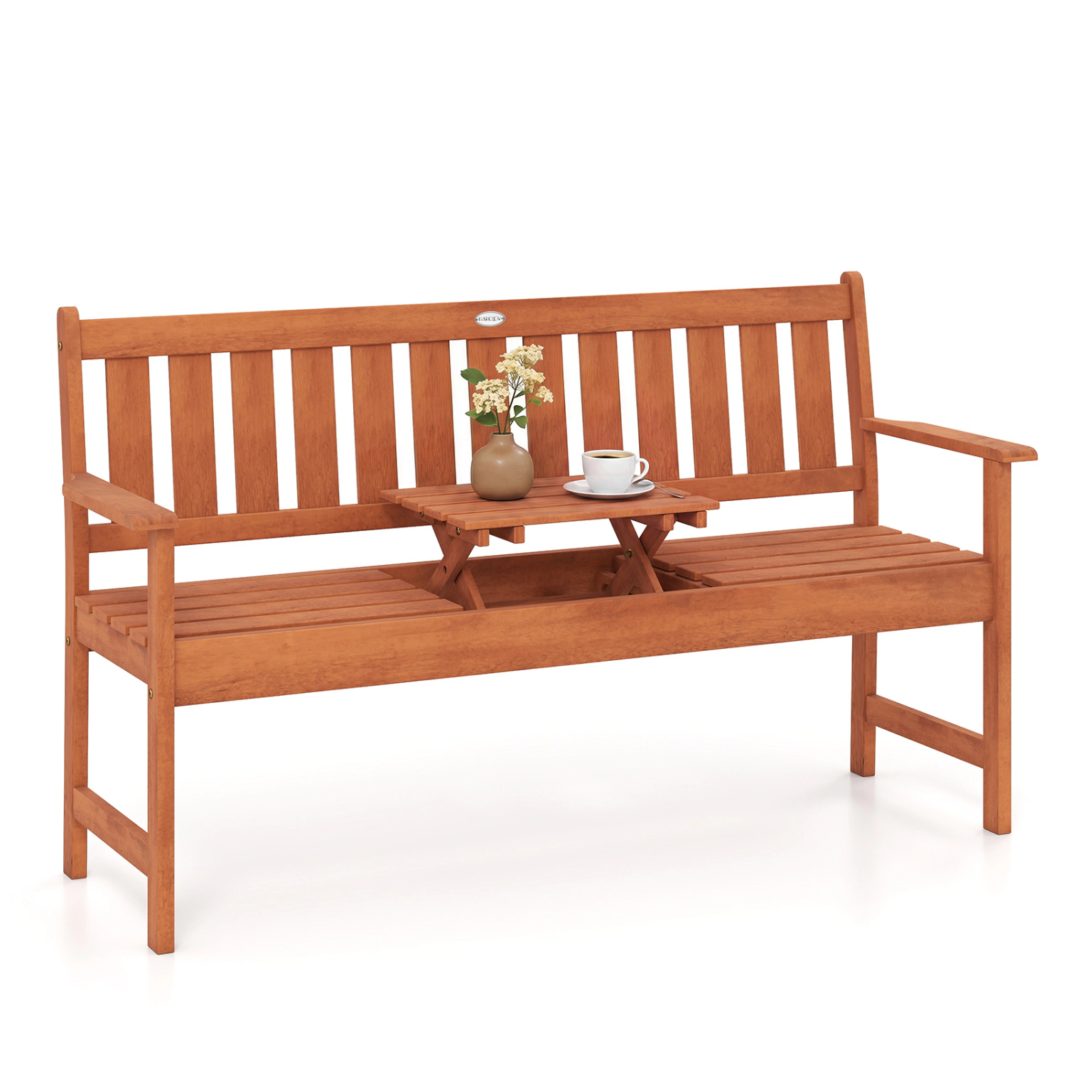 LJG 59" Outdoor Wood Garden Bench with Pull-Out Center Table