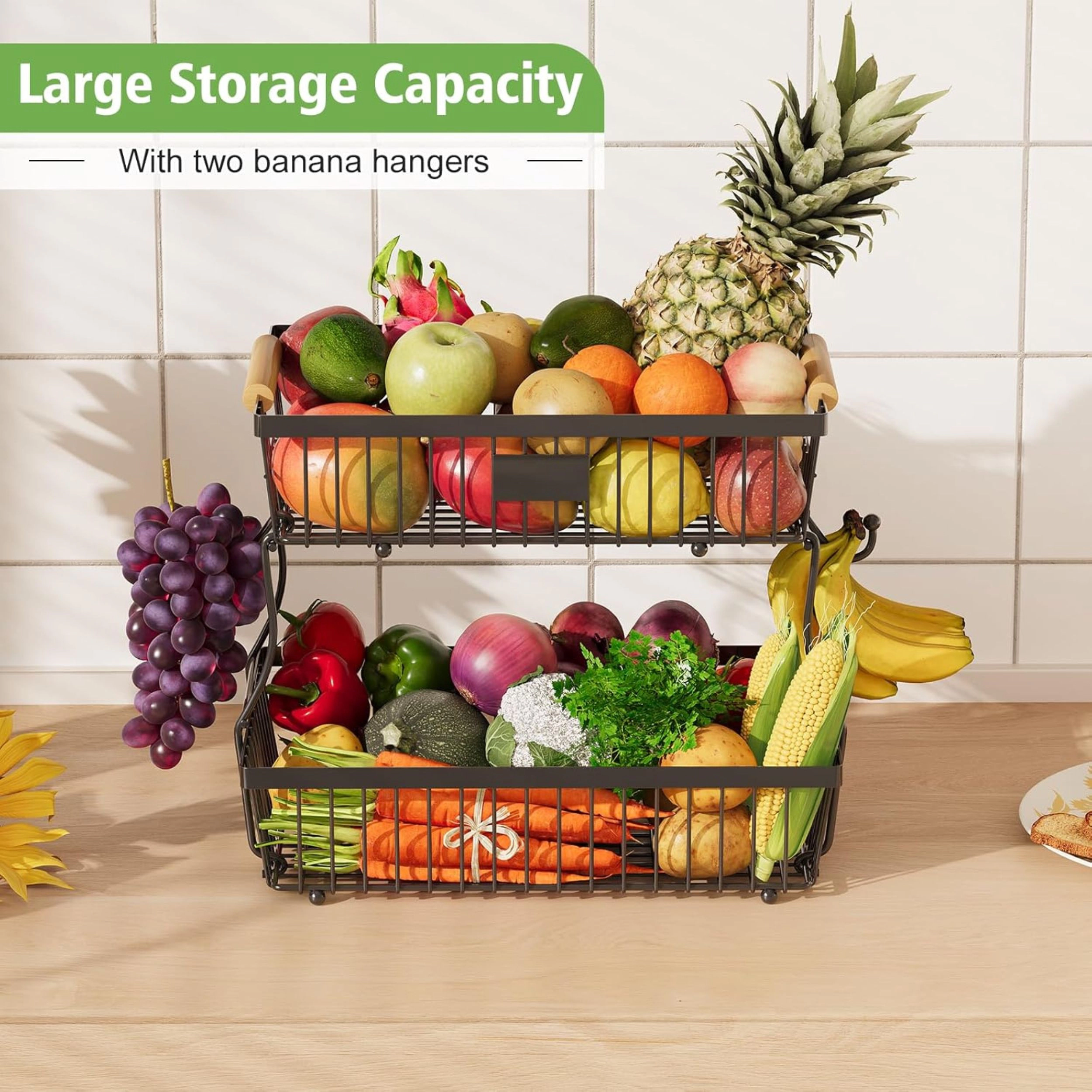 Stock Preferred 2 Tier Metal Fruit Basket with Banana Hangers and Wooden Handle