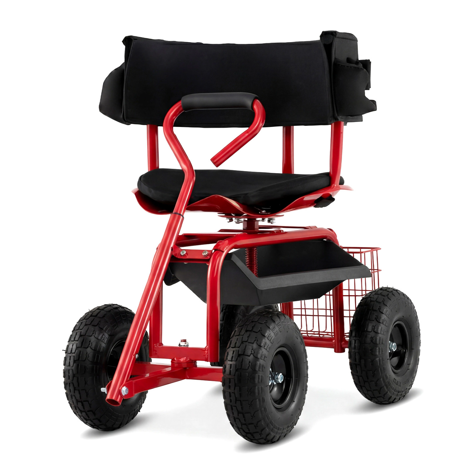 LJG Cushioned Rolling Garden Cart Scooter with Storage Basket and Tool Pouch