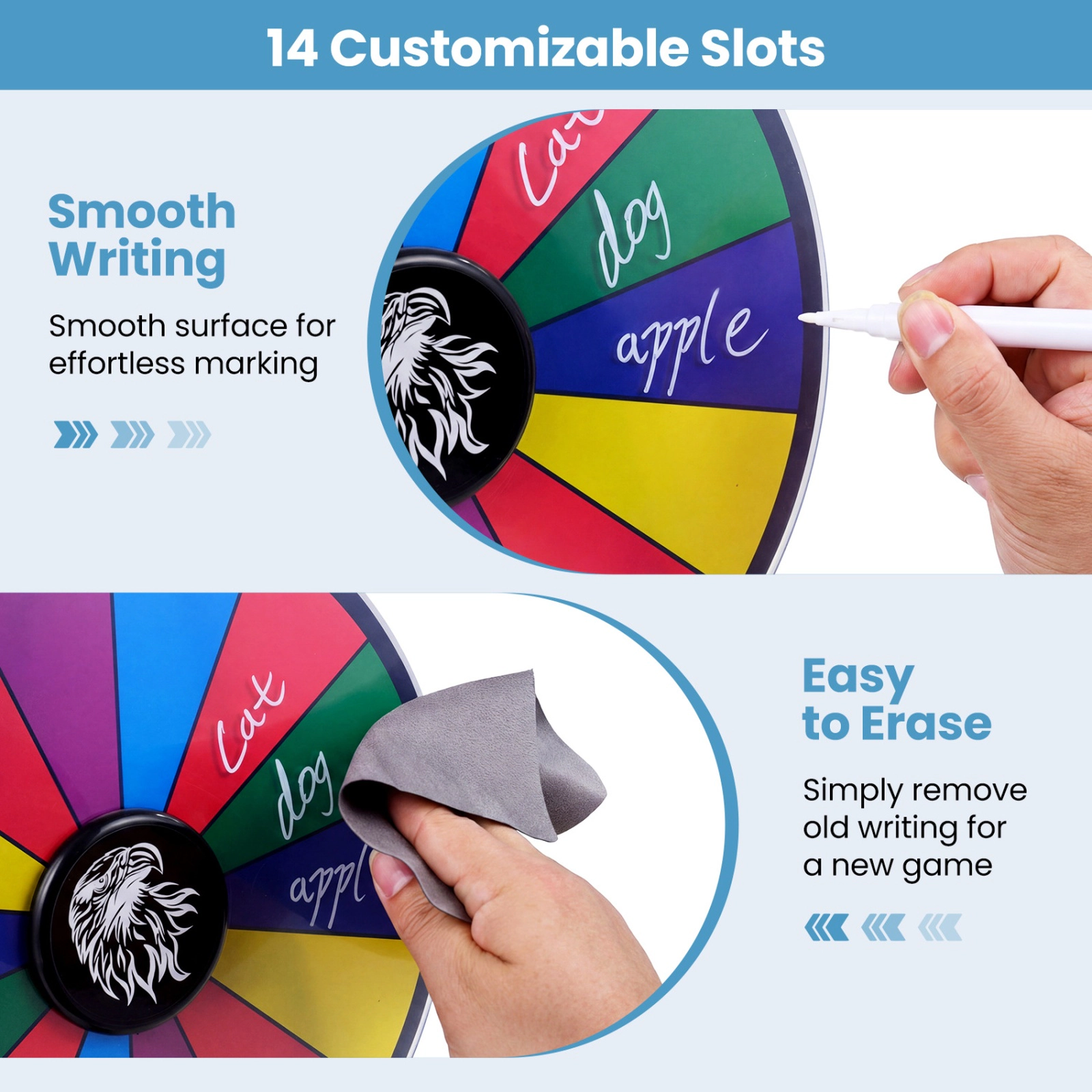 SUGIFT 12-in 14-Slot Wall Mounted Spin Prize Wheel with Swivel Base Wiping Cloth and 2 Blackboard Markers
