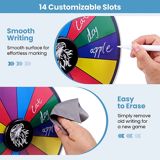 SUGIFT 12-in 14-Slot Wall Mounted Spin Prize Wheel with Swivel Base Wiping Cloth and 2 Blackboard Markers
