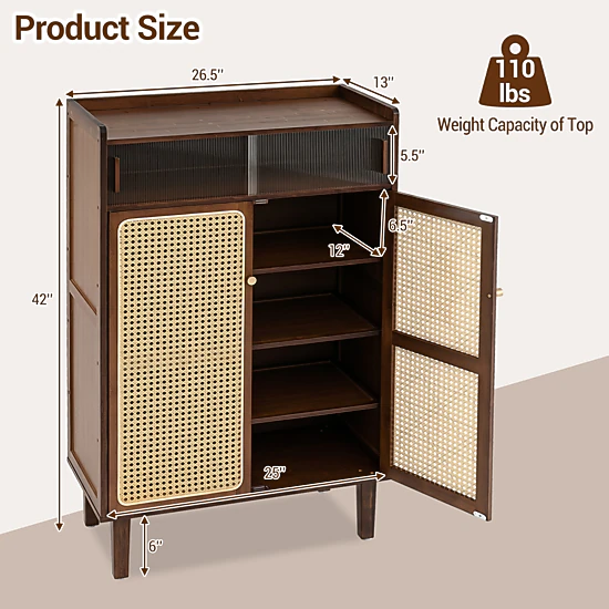LJG 5-Tier Bamboo Shoe Cabinet with Woven Rattan Doors and Sliding