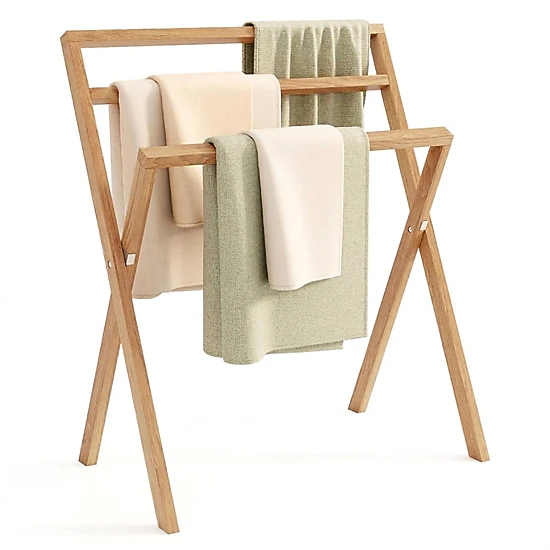 SUGIFT Freestanding Foldable Teak Wood Towel Rack with 3 Hanging ...