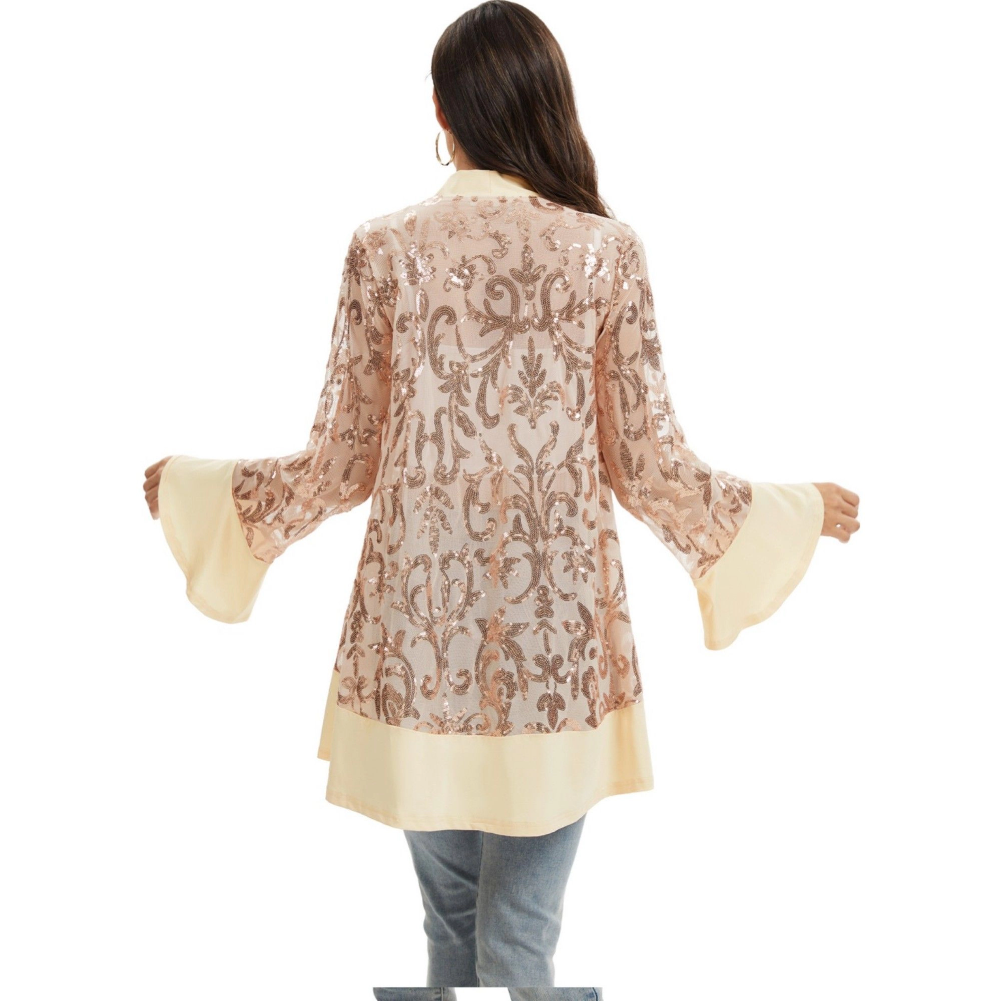 Anna-Kaci Women's Sequin Mesh Cardigan with Sheer Embellished Sleeves and Flowing Open Front Design for Layering Style