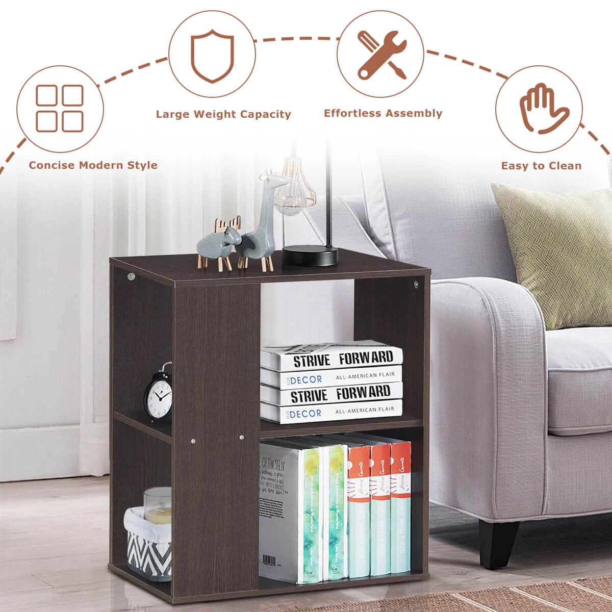 SUGIFT 3-Tier Side End Table with Open Storage Shelves 25-lb Capacity Brown