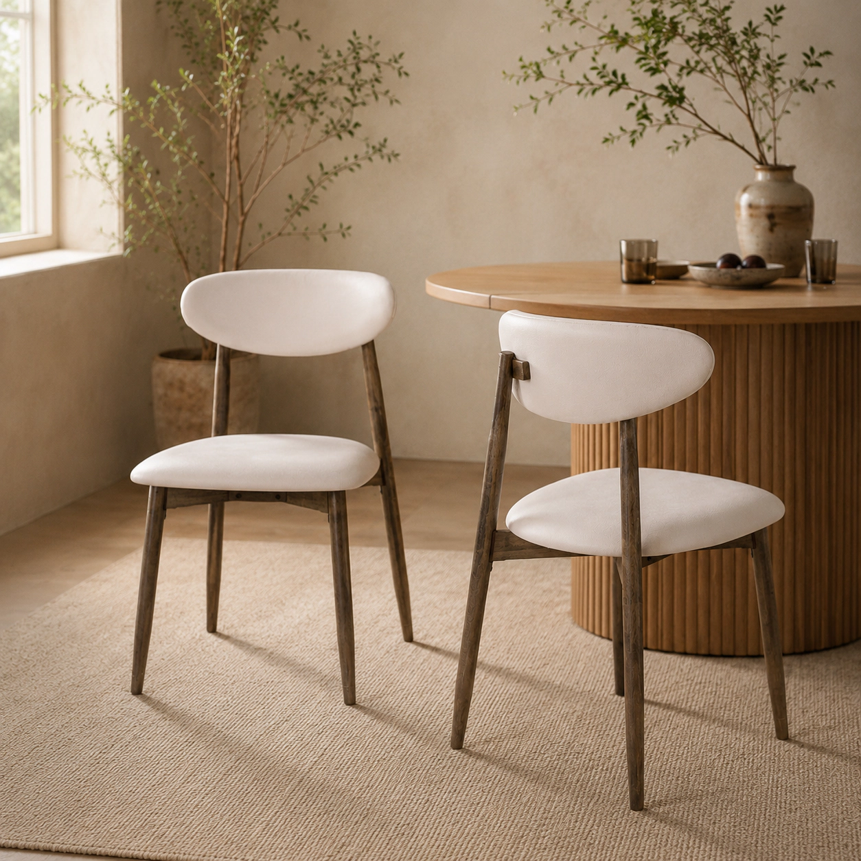 SUGIFT Curved Backrest Faux Leather Seat Set of 2 Wooden Upholstered Dining Chairs