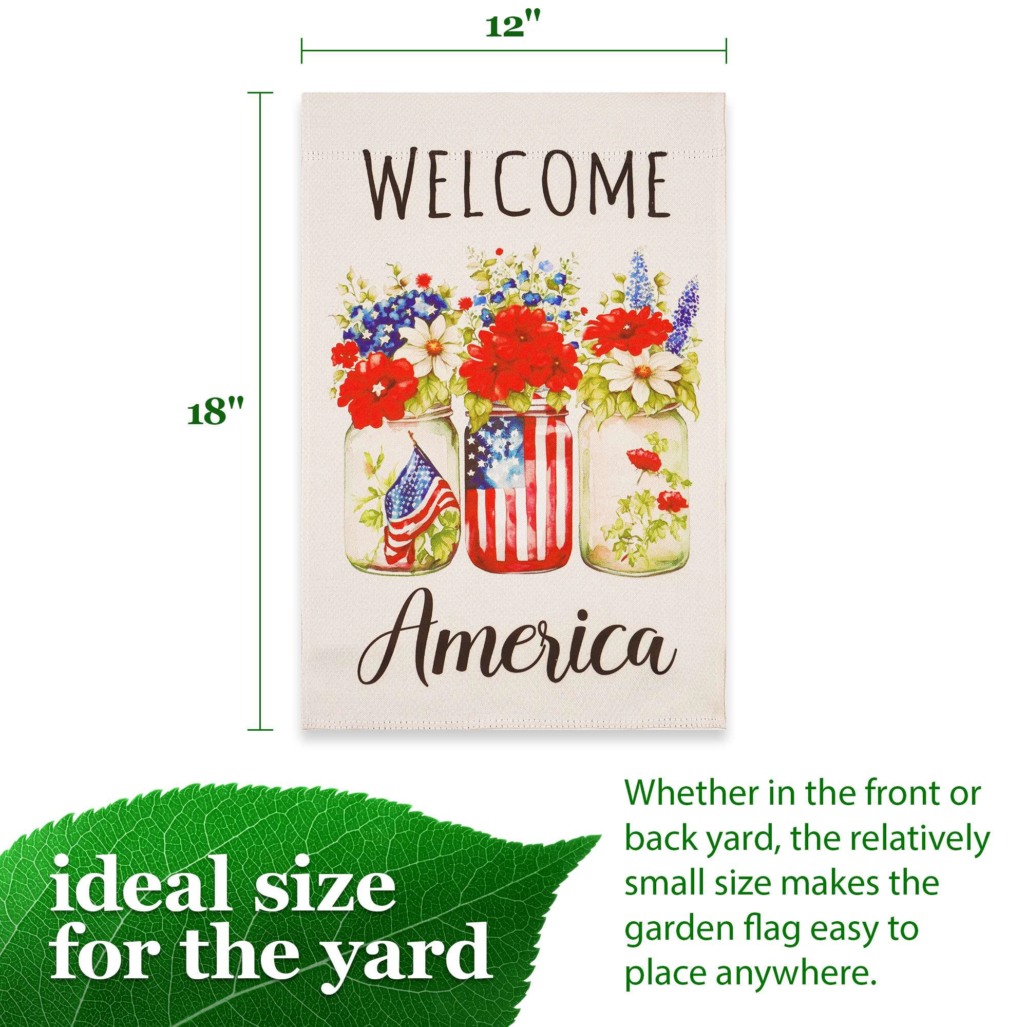 G128 Welcome America Mason Jars Garden Flag 12x18 in double-sided patriotic yard decoration
