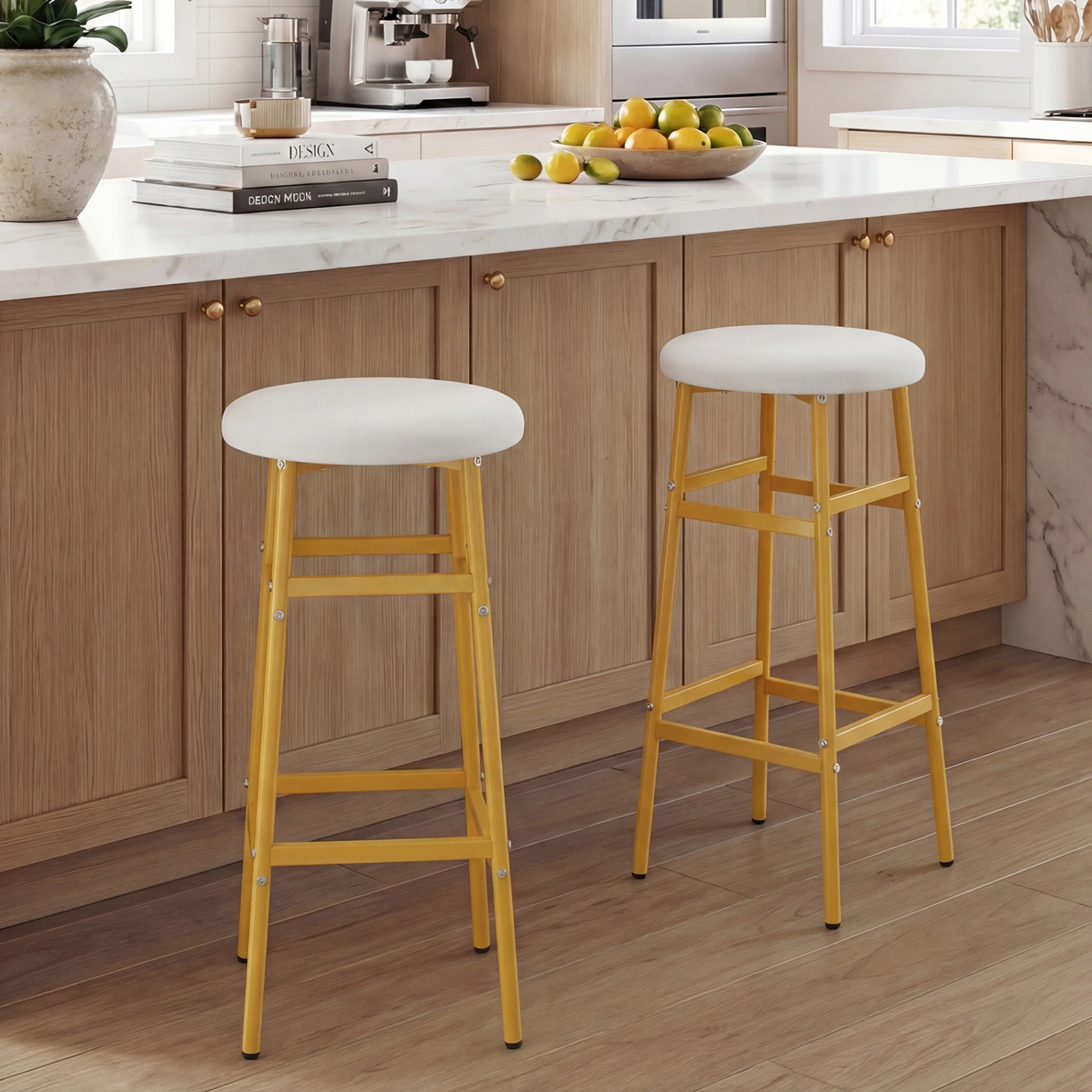 SUGIFT Upholstered Seat and Two-Level Footrest Set of 2 Metal Bar Stools