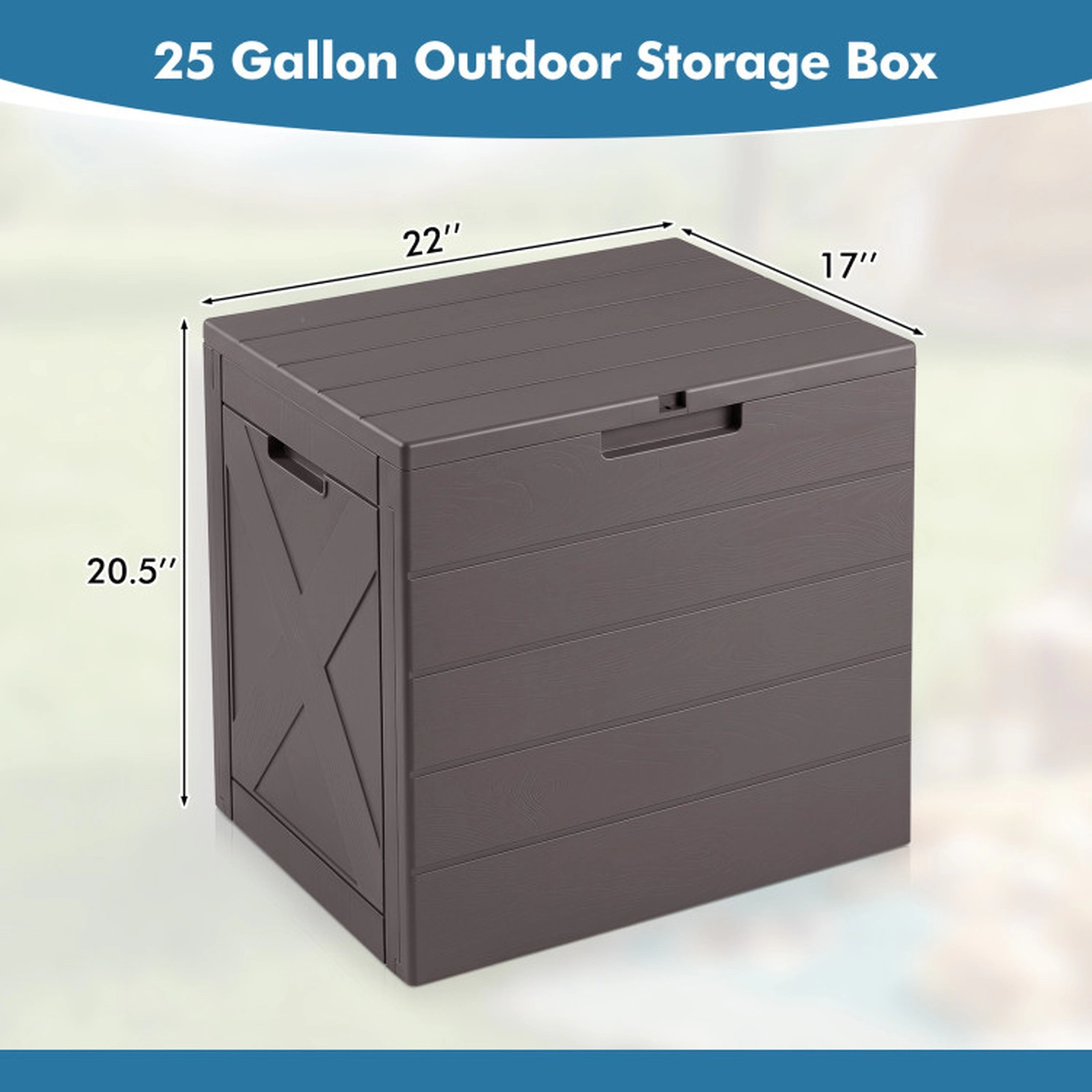 SUGIFT 25-Gallon Outdoor Deck Storage Bin Box with Flip Lid Lock Hole Carry Handles 110-lb Lid Capacity 22-in Wide Brown
