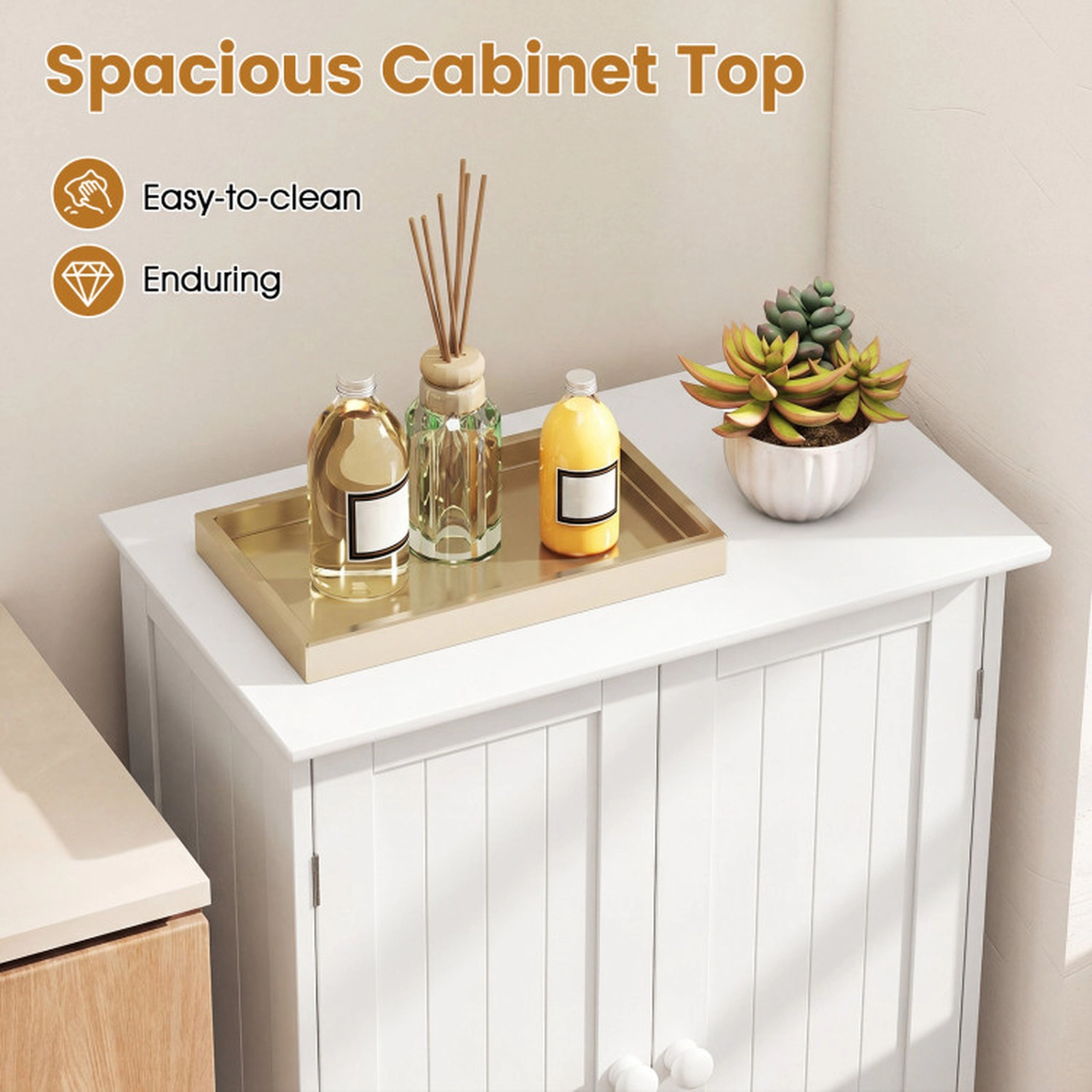 SUGIFT White 176-lb Top Capacity Double Door Bathroom Floor Storage Cabinet with 3-Level Adjustable Shelf