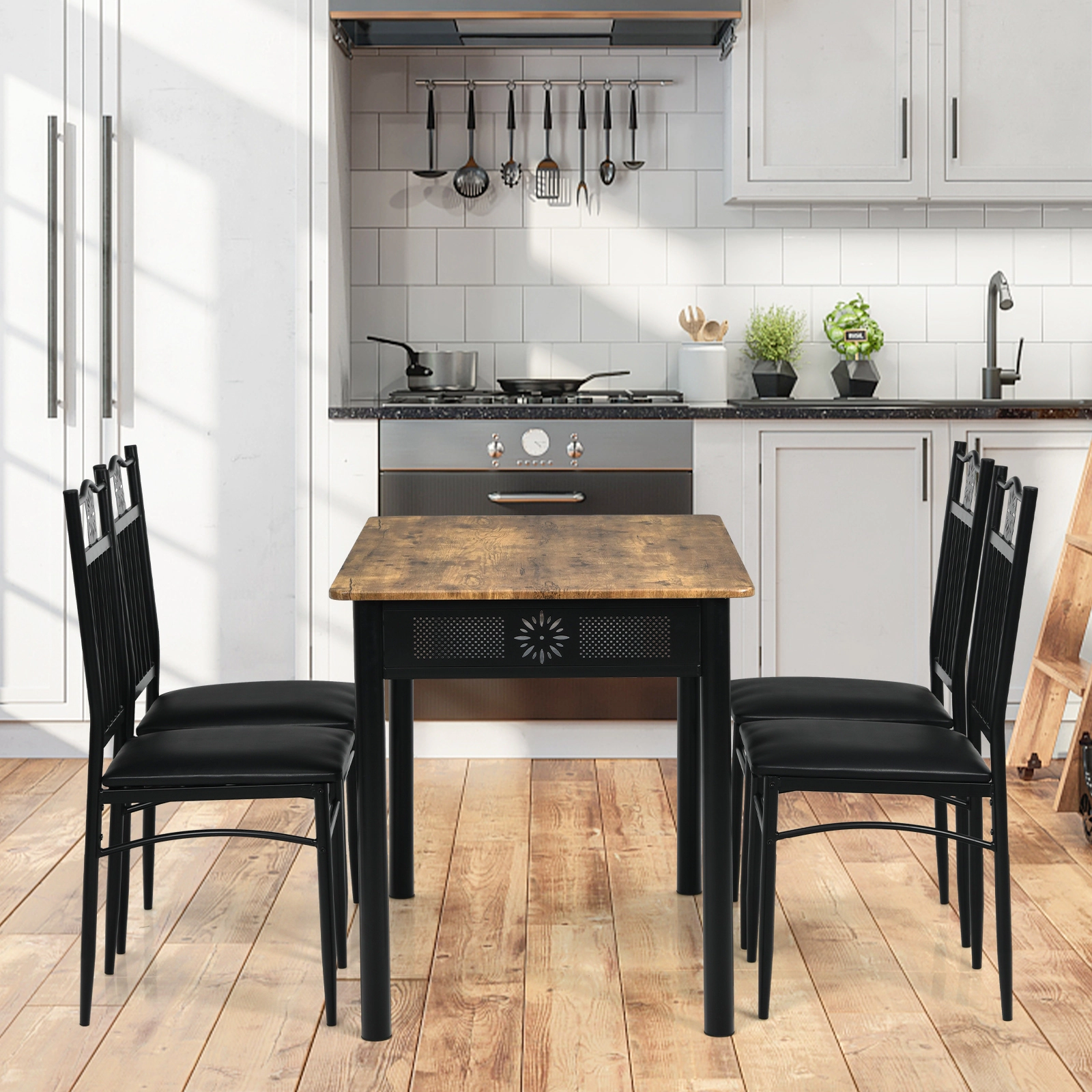 LJG 5 Pcs Dining Set Wood Metal Table and 4 Chairs with Cushions