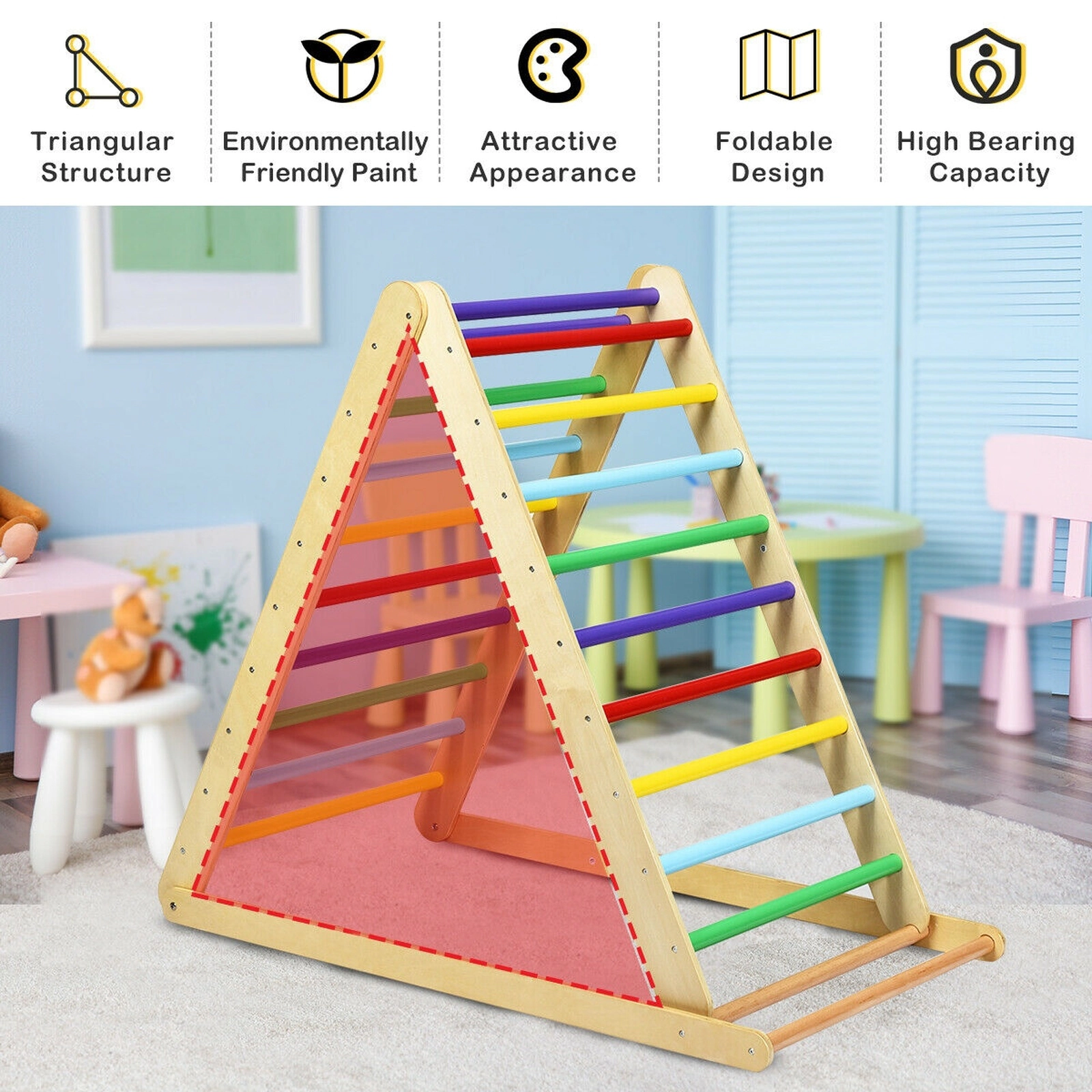 SUGIFT Foldable Wooden Climbing Triangle Ladder with Ramp 132-lb Capacity Ages 6 Months-6 Years Natural/Multicolor