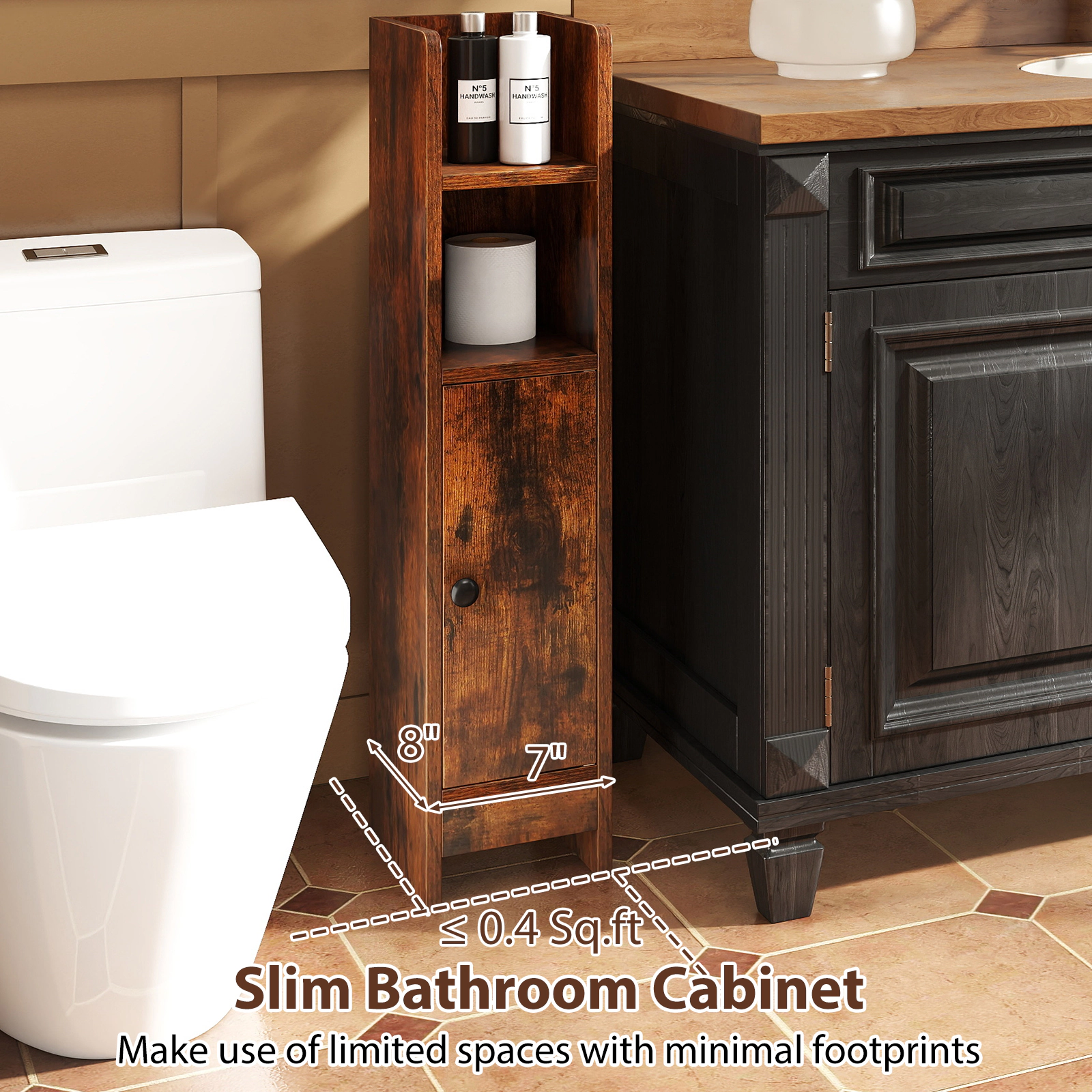 SUGIFT Slim Corner Bathroom Floor Cabinet with Door and Adjustable Shelf 31.5-in Tall 44-lb Capacity Rustic Brown