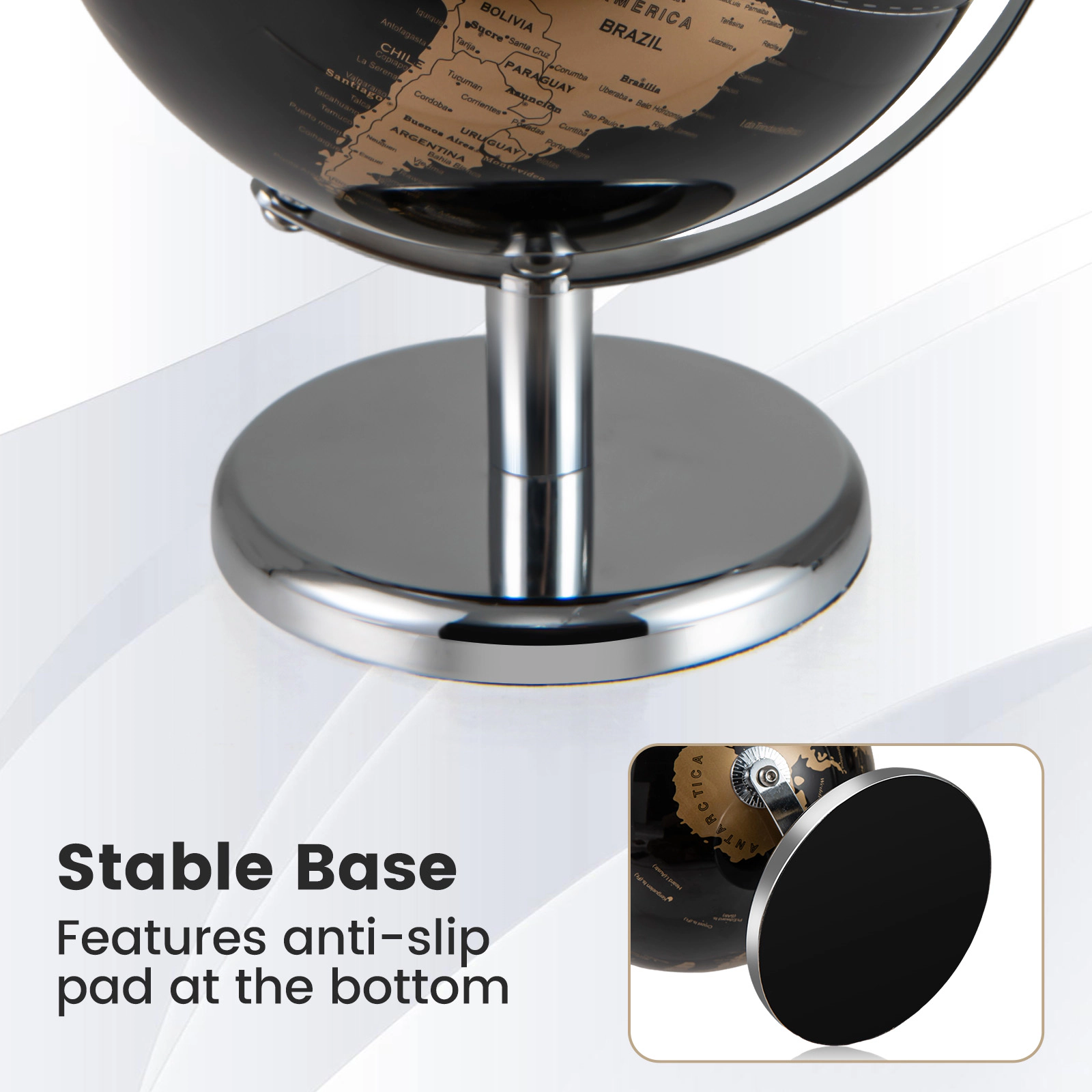 SUGIFT 8-in Rotating World Globe with Time Zone Markings Electroplated Metal Frame and Non-Slip Base