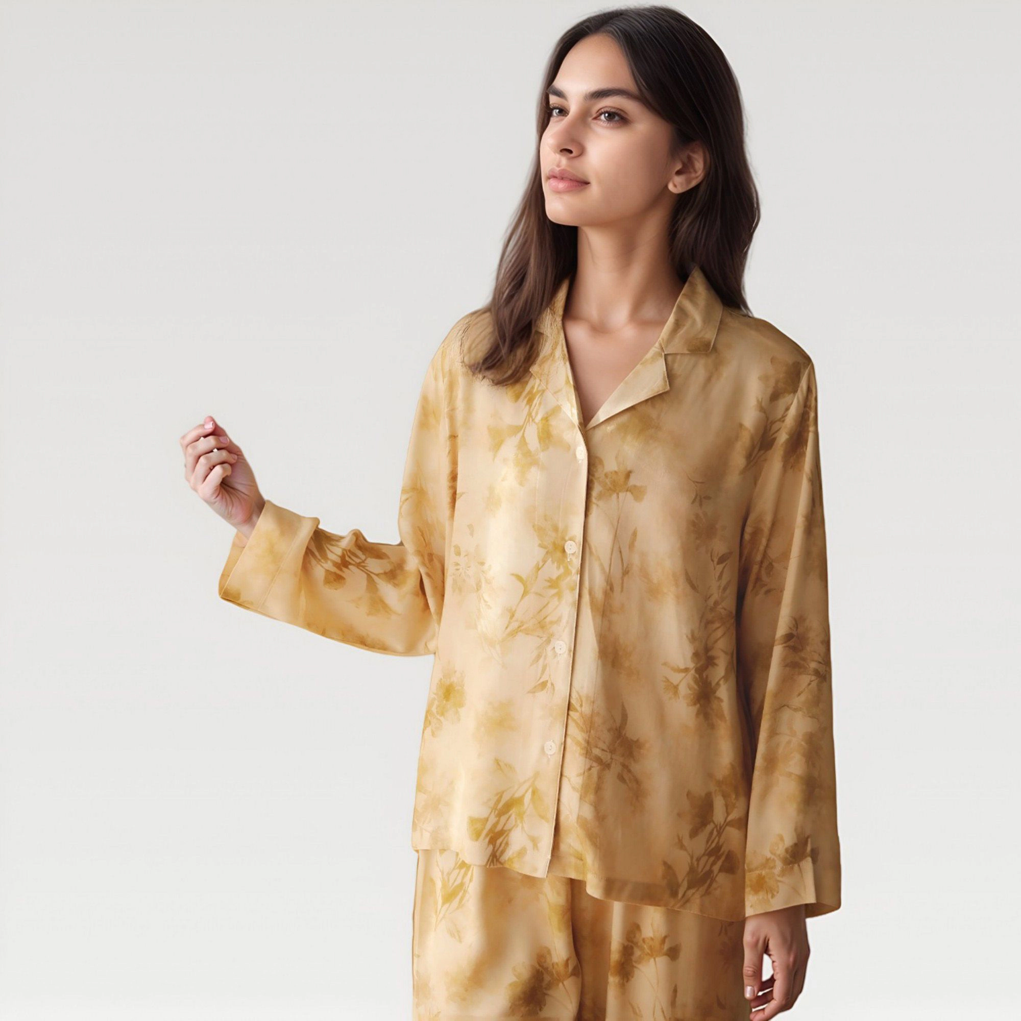 Anna-Kaci Women's Satin Pajama Set with Golden Botanical Print Long Sleeve Button Up Top and Relaxed Fit Pants