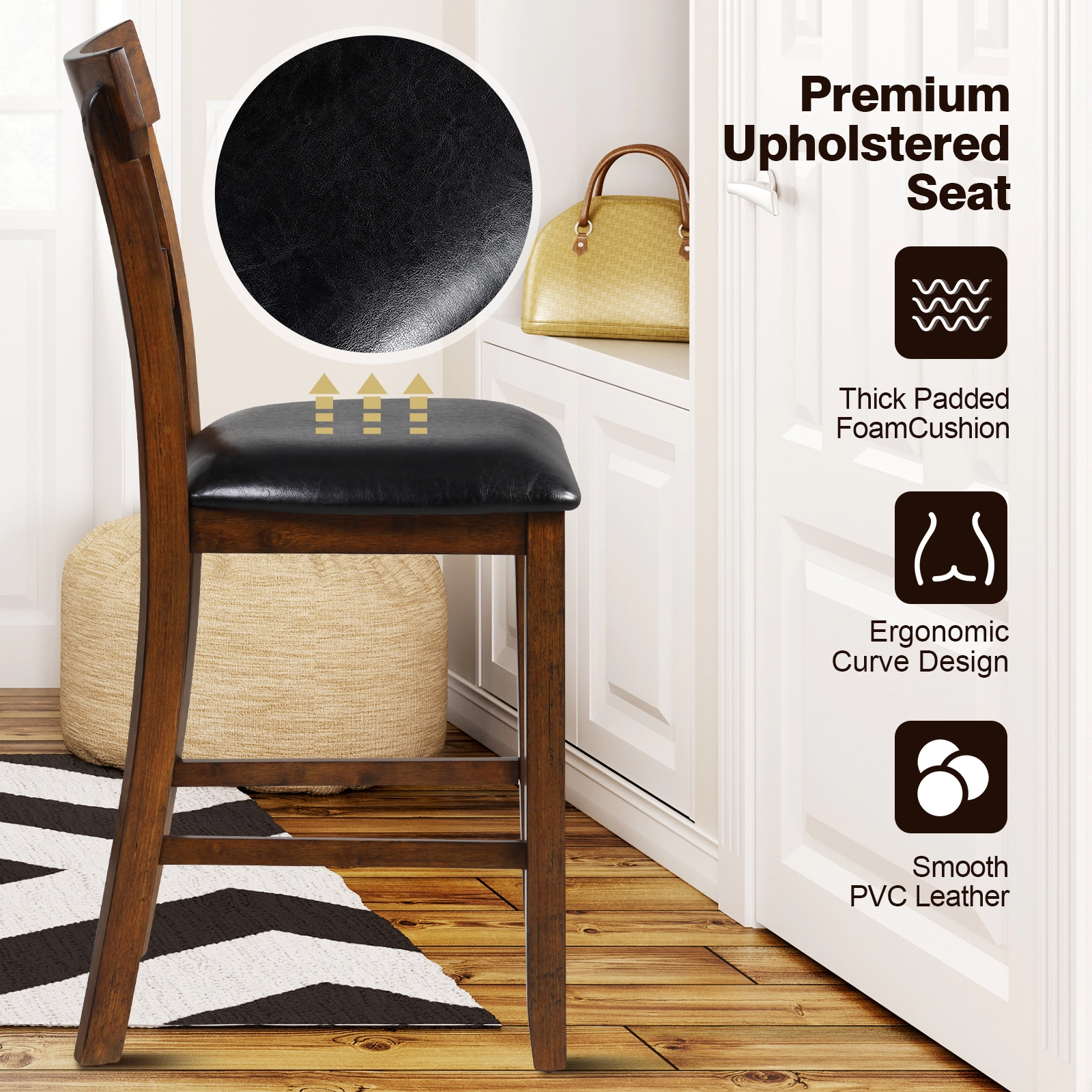 LJG 2 Pieces Counter Height Chair Set with Leather Seat and Rubber Wood Legs